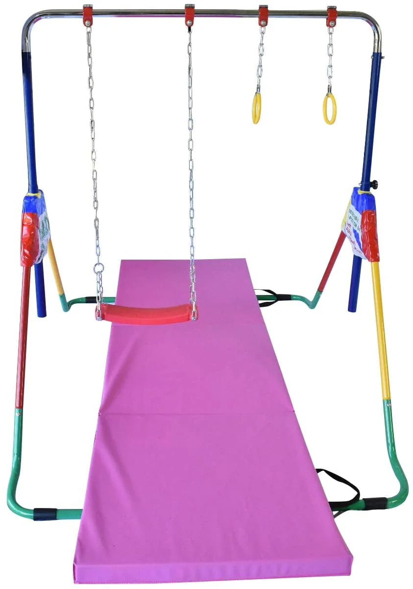 Adjustable Height Gymnastics Bar for Kids Kip Bar 6 in 1 Set, 6'x2' Gymnastic Tumble Mat, Swing Seat, 2 Trapeze Rings, Basketball Hoop, Home Junior Training Monkey Bars Fitness Balance Horizontal Bar Image 3