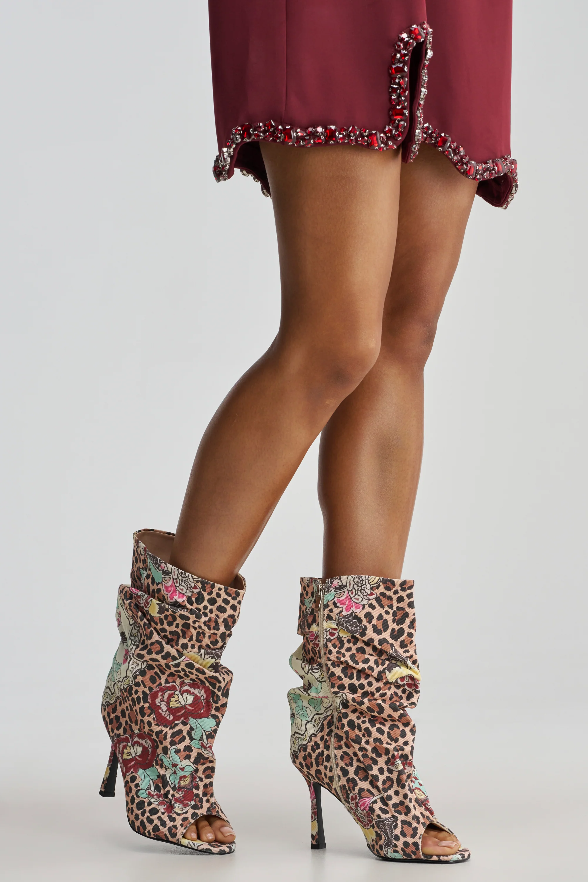 AKIRA GOLD ENJOY LEOPARD MULTI OPEN TOE RUCHED BOOTIE - Akira Store