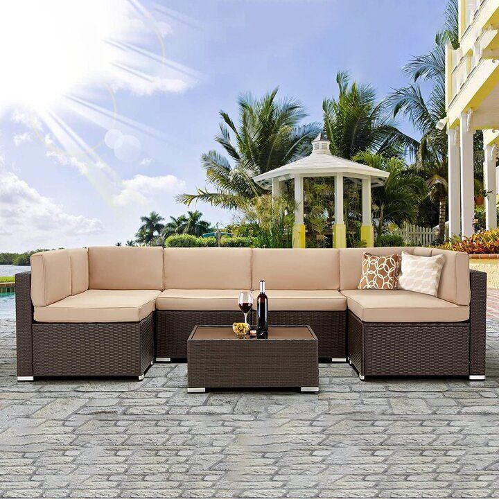 Ensemble de mobilier de jardin 7 pièces, canapé en rotin synthétique, ensemble de fauteuils d'angle avec coussins kaki et table basse