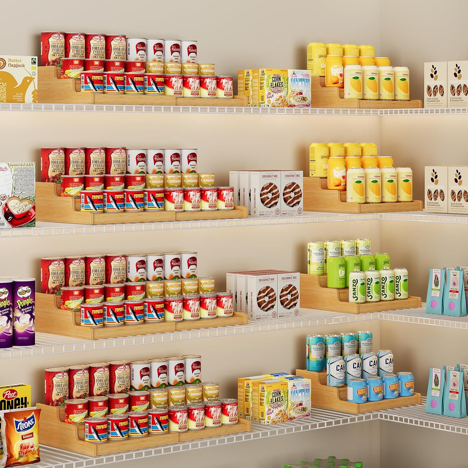 Expandable Bamboo Can Display Organizer for Pantry, 3-Tier Can Storage