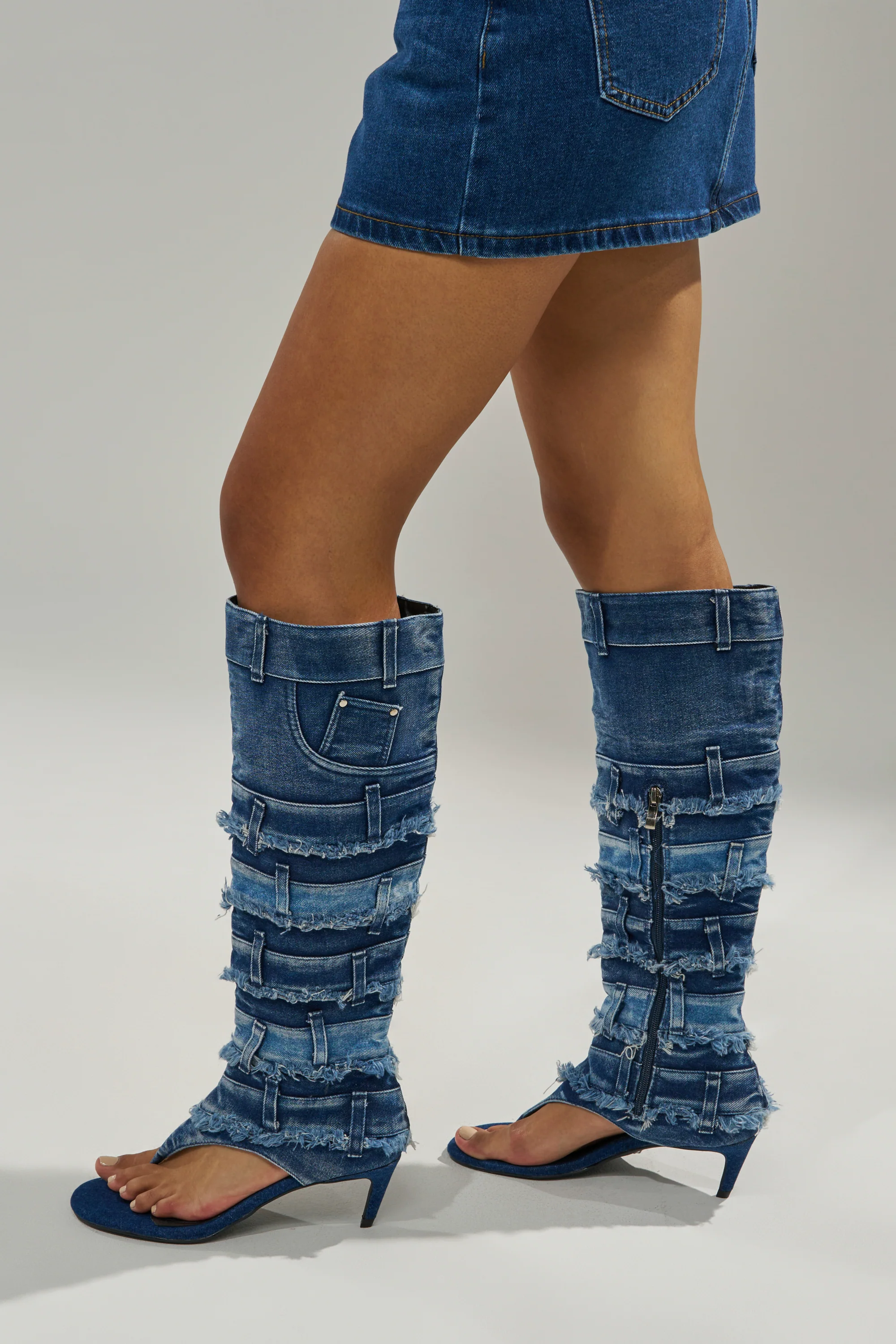 AKIRA GOLD MAHONEY DENIM PANT DETAIL GLADIATOR STILETTO - Akira Store