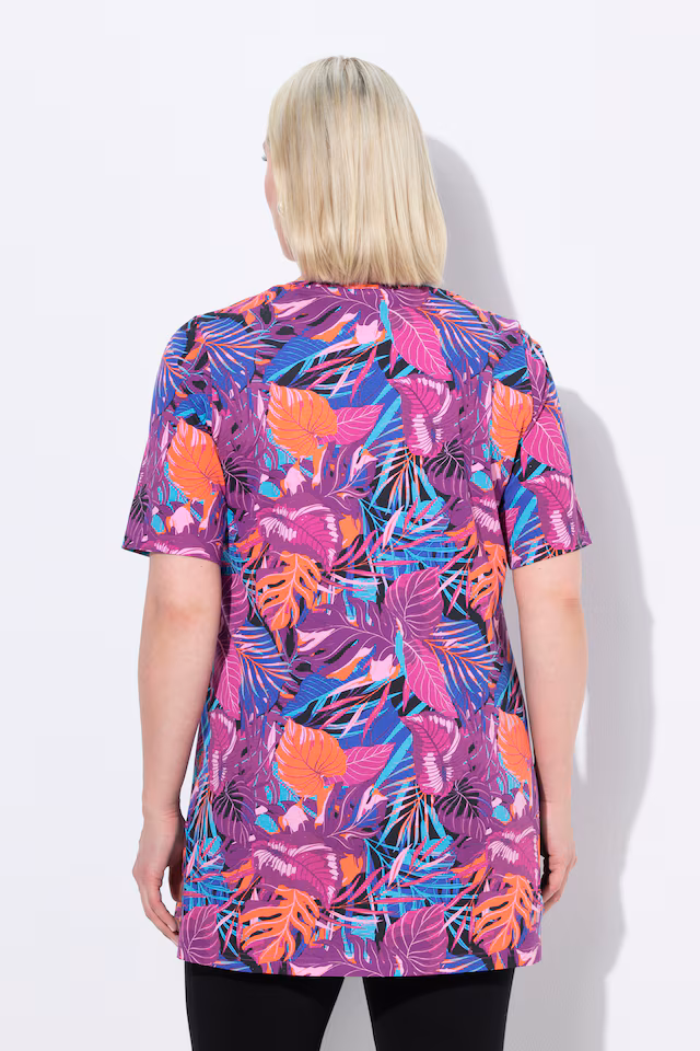 Colorful Tropical Print Knit  Short Sleeve Cotton Tunic
