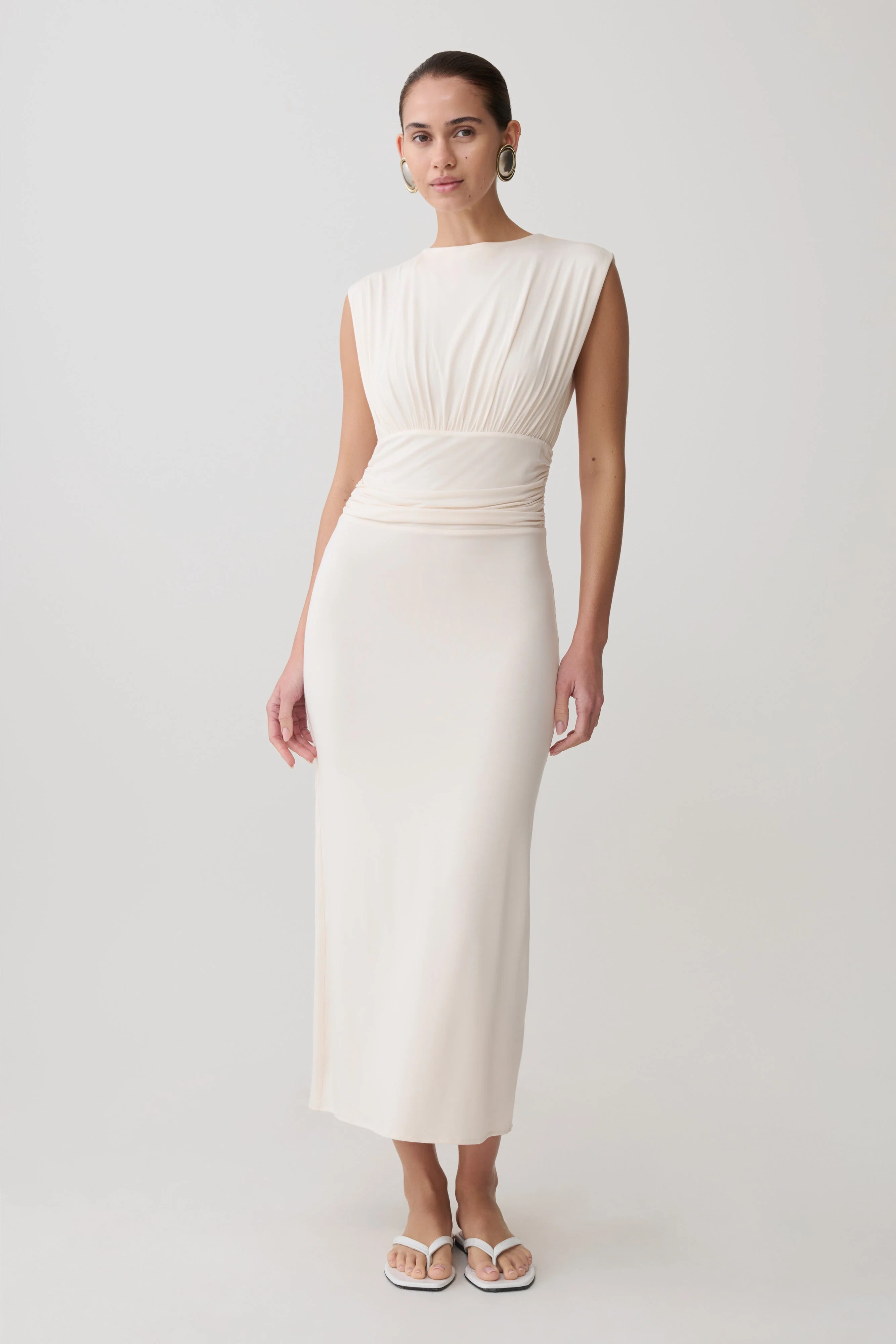Kura Ruched Modal Sleeveless Midi Dress - Ivory