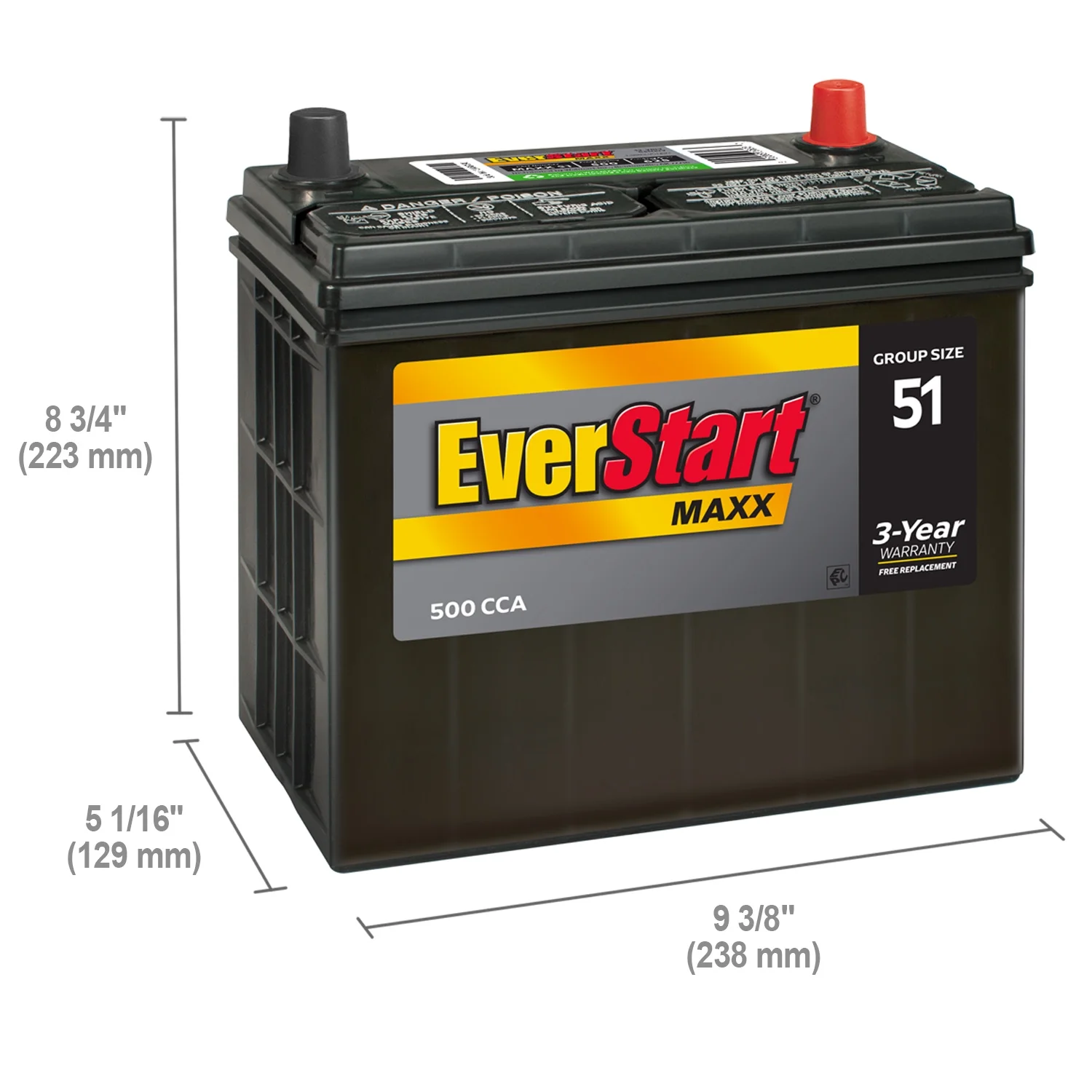 Everstart Maxx Lead Acid Automotive Battery, Group Size 51 12 Volt, 500 CCA