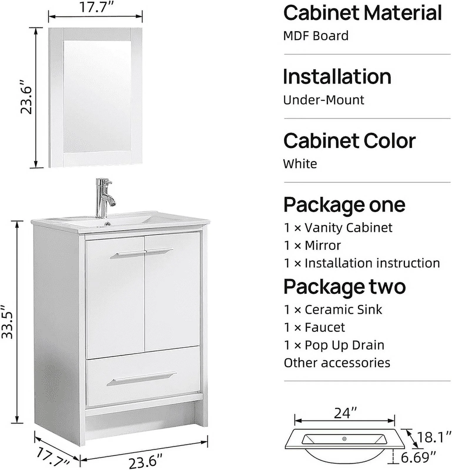 24" Luxurious Bathroom Vanity with Ceramic Sink and Countertop and Mirror and Faucet,Double Door Stand Floor Cabinet Bathroom Storage Vanity with Pop Up Drain,White(2 Doors1 Drawers) - Image 7