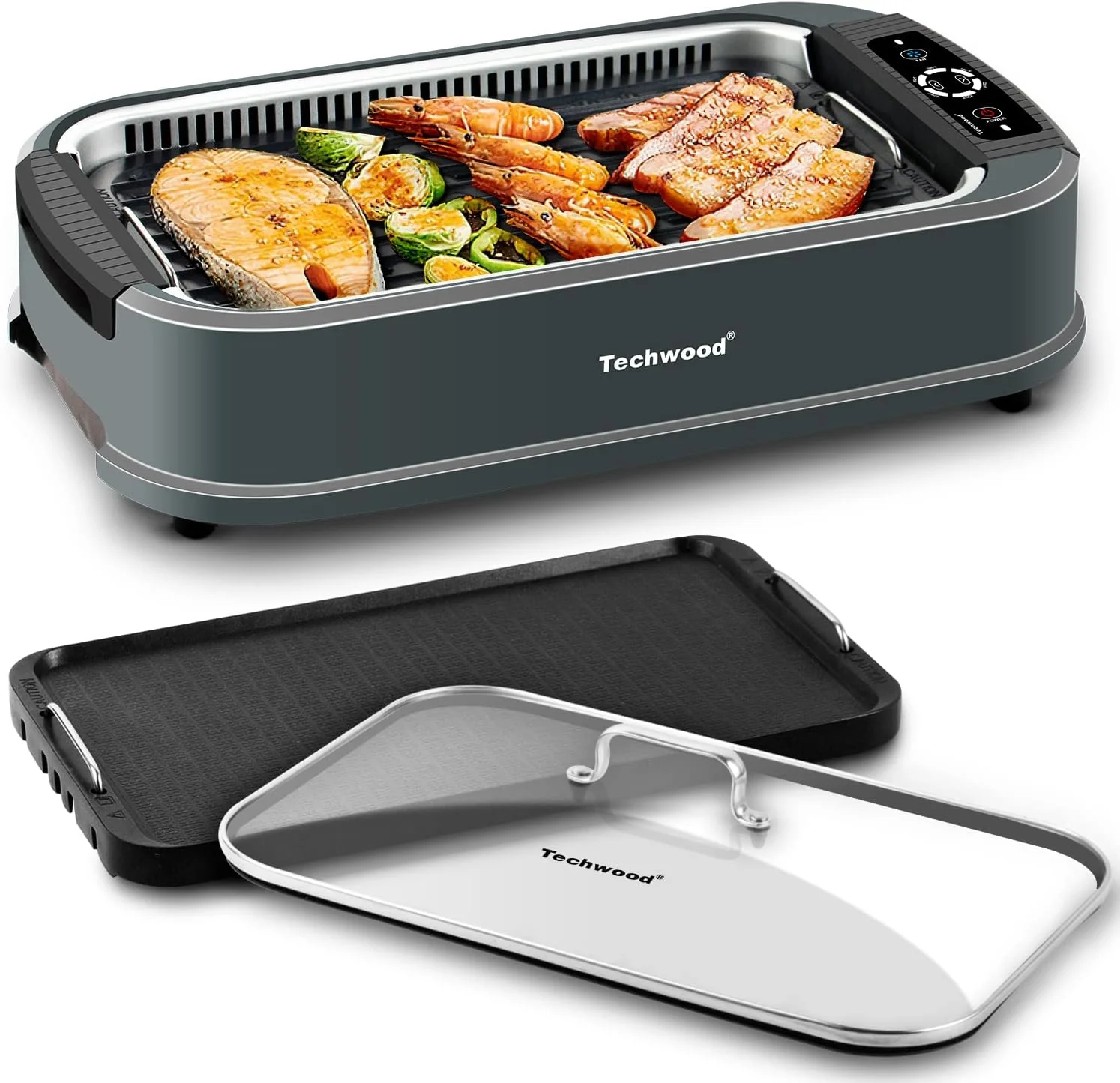 Gril électrique d'intérieur sans fumée Techwood 1500 W avec couvercle en verre trempé, barbecue coréen portable antiadhésif, technologie d'extraction de fumée Turbo, bac récupérateur de graisse et double plaque amovible, noir