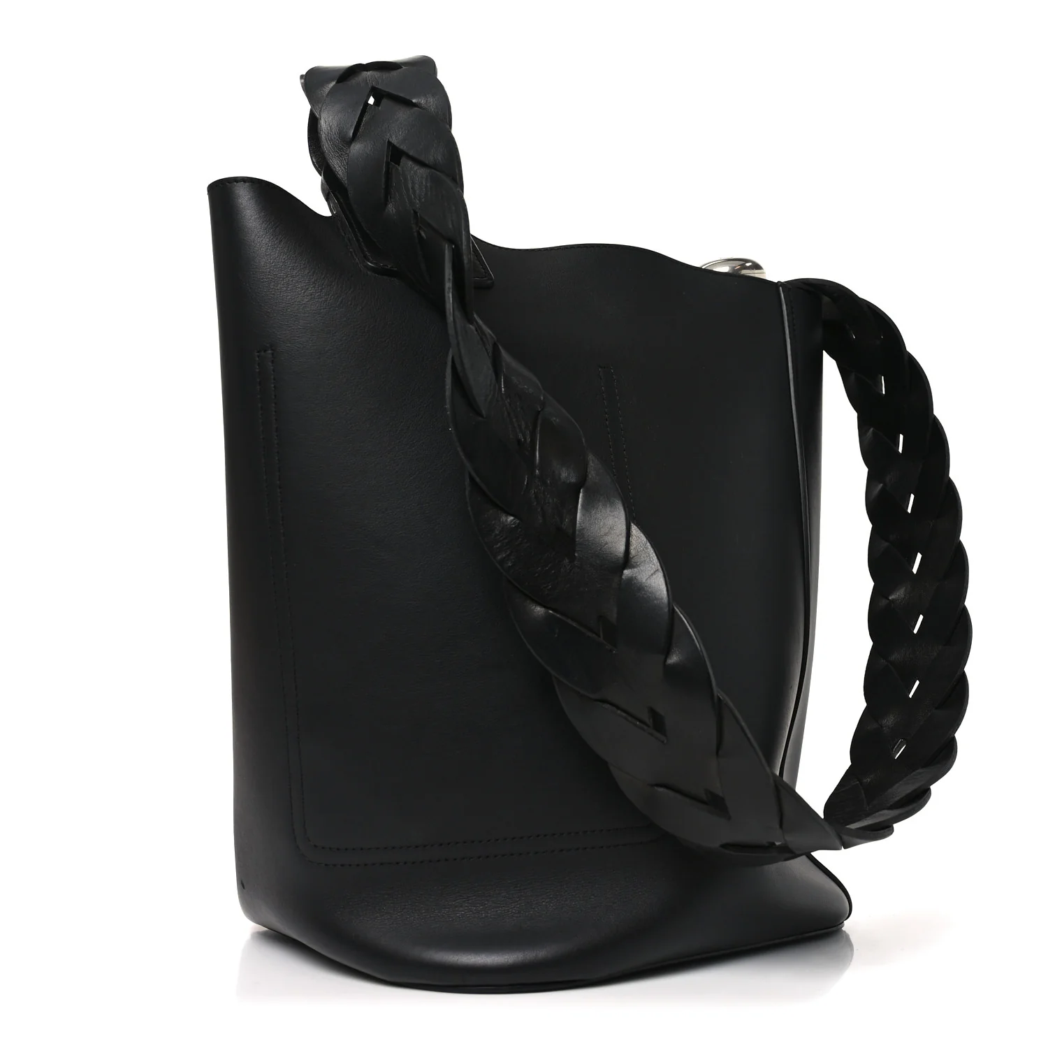 Smooth Calfski Large Woven Pebble Bucket Bag Black