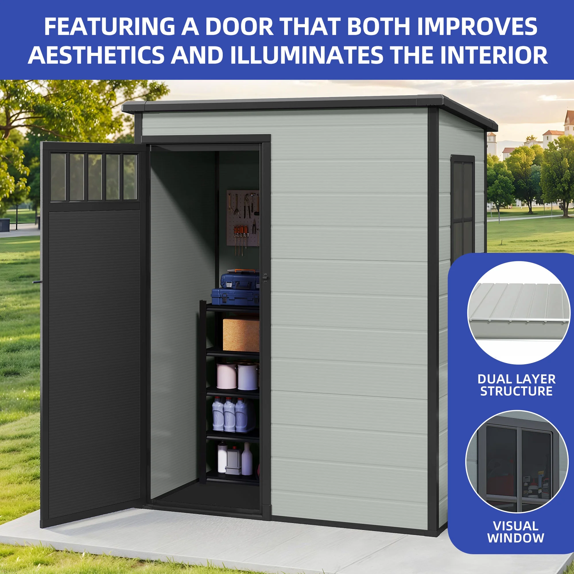 4.6��2.6��6.3 ft Resin Storage Shed with Window, Floor, Plastic Roof, Storage Cabinets for Brooms Vacuum Cleaners fits 65 to 68 inches, Winter Gear Box, Black(Black) - Image 2