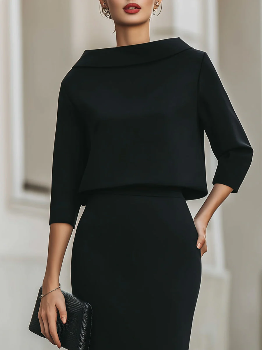 Ensemble Haut Col Bateau et Jupe Midi pour Femme