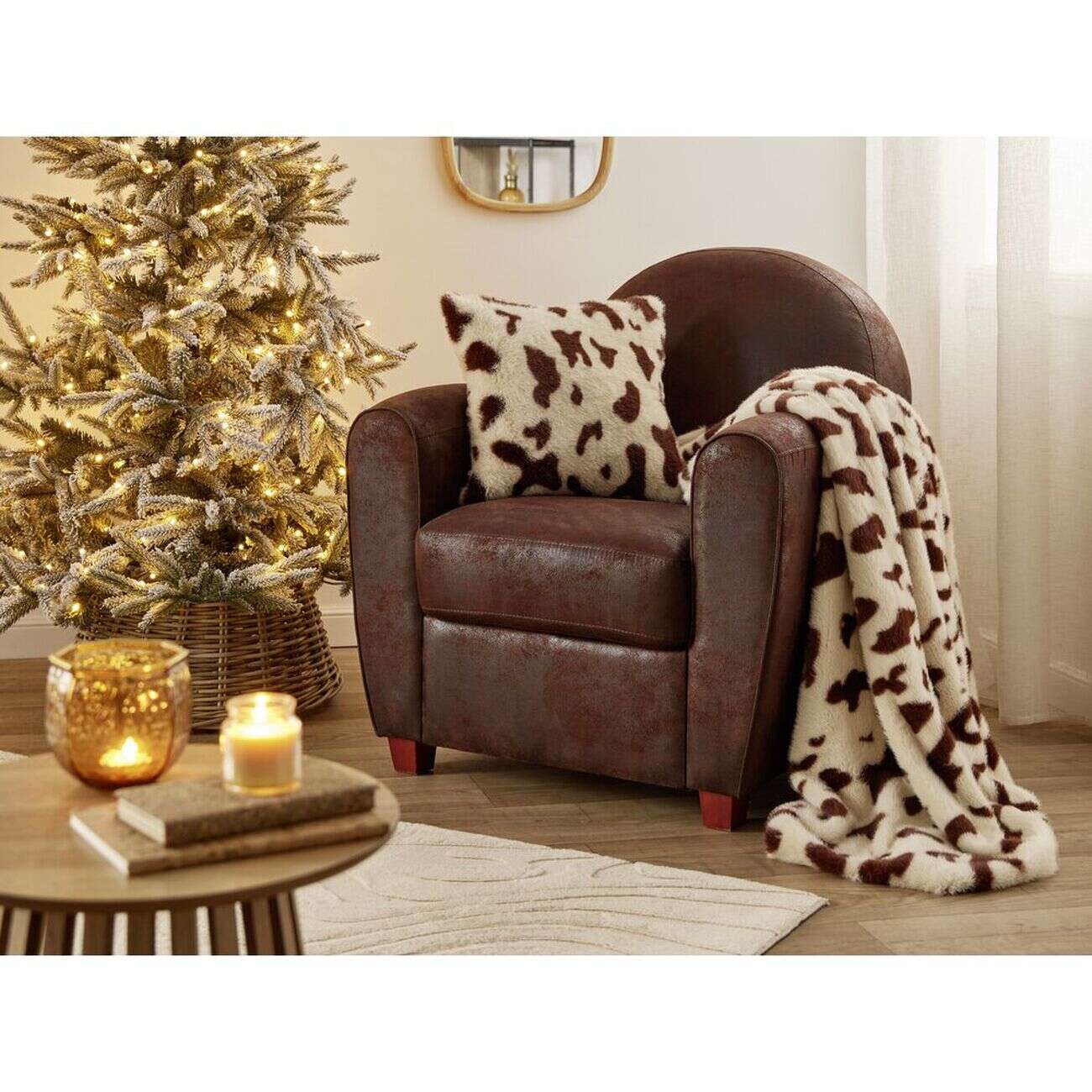 Coussin carré motif peau de vache tacheté blanc et marron 40x40cm