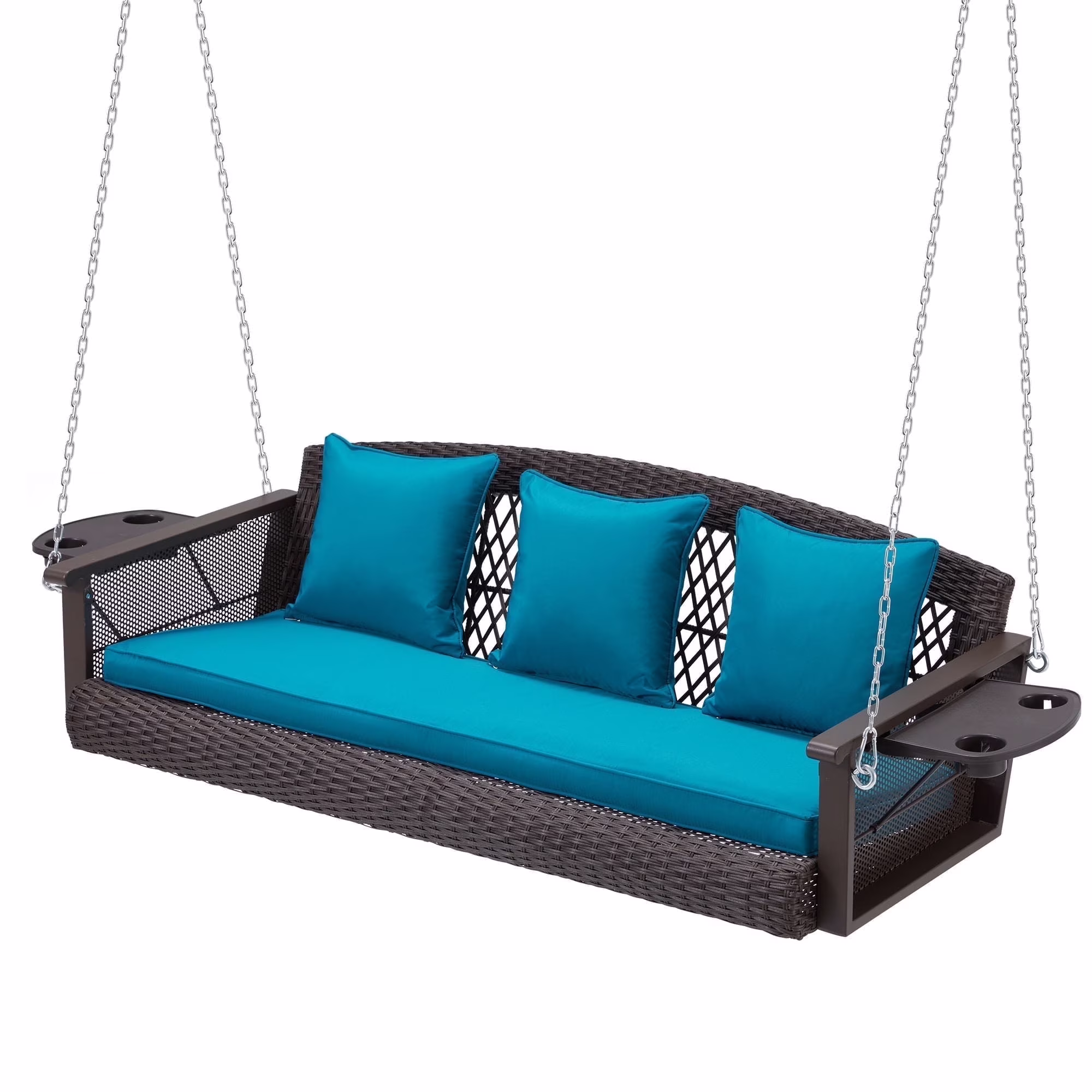 3-Person Porch Swing 55in Wicker Hanging Swing Bench with Cushions and Cupholders for Deck, Garden and Backyard, Beige(Beige) - Image 3
