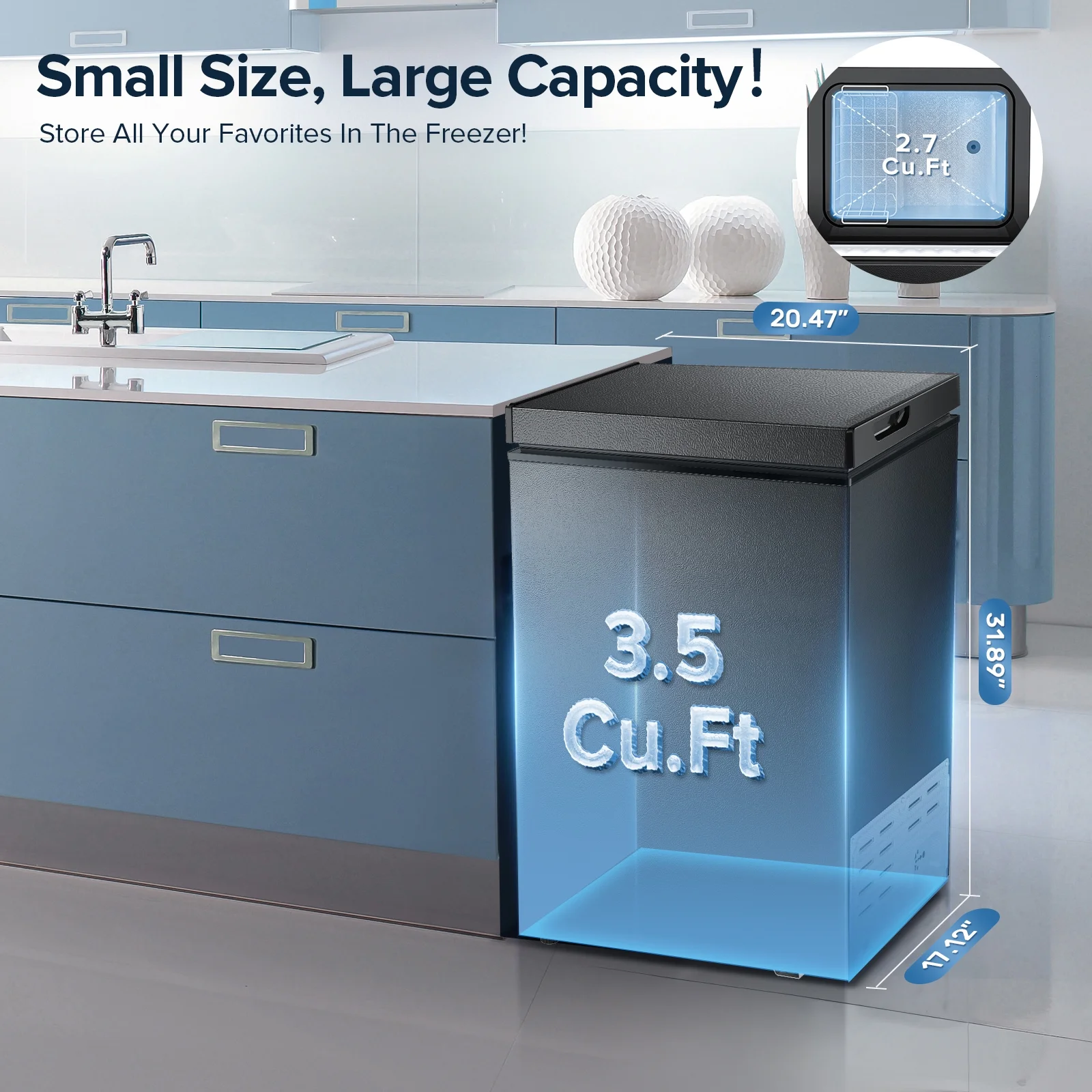 Mini Freezer Chest 3.5 cu ft, Black Deep Freezer Side Handle, Compact Freezer with 7 Gear Adjustable Temperature, Removable Storage Basket*2, Energy Saving(Black) - Image 5