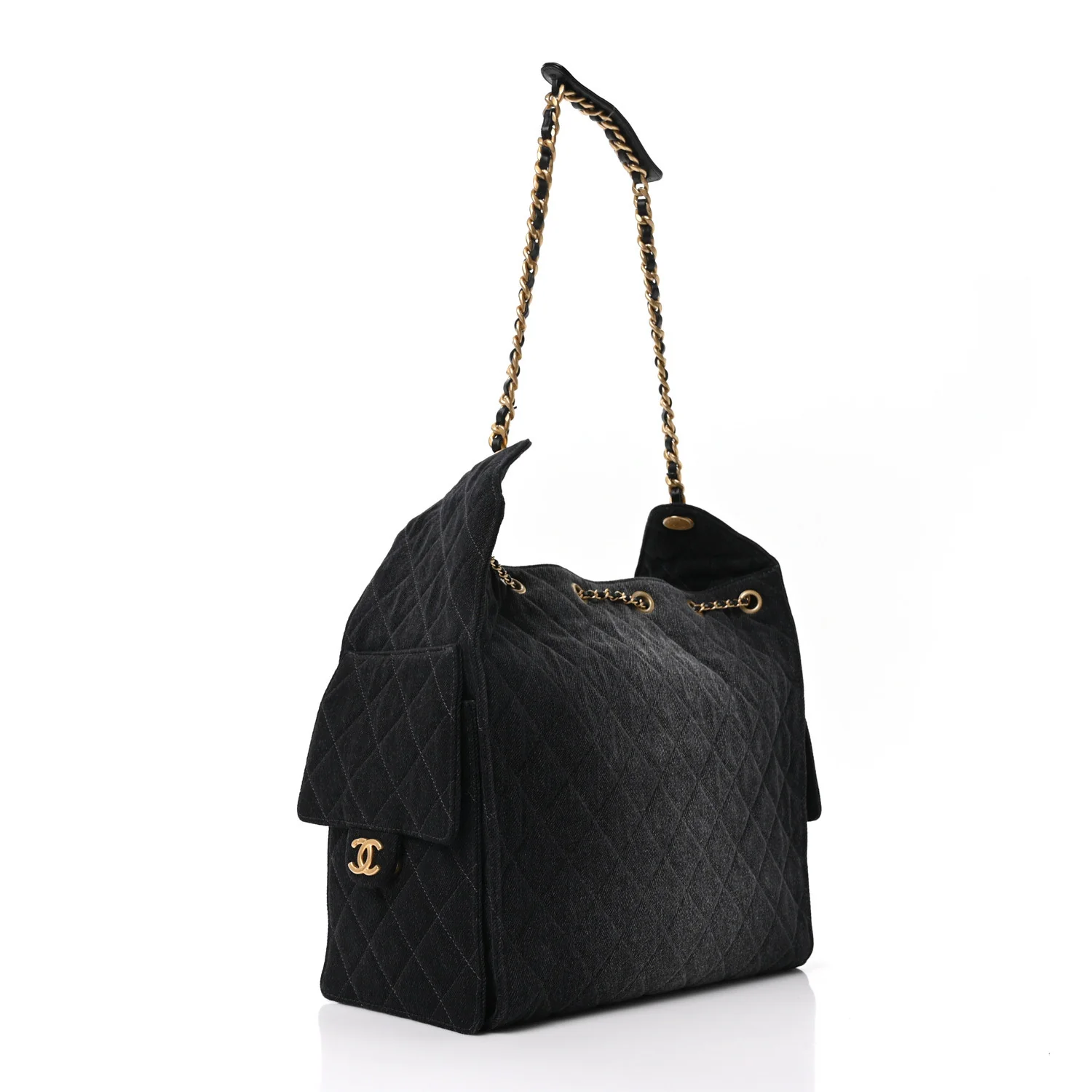 Washed Denim Quilted Medium Chanel 25 Handbag Black
