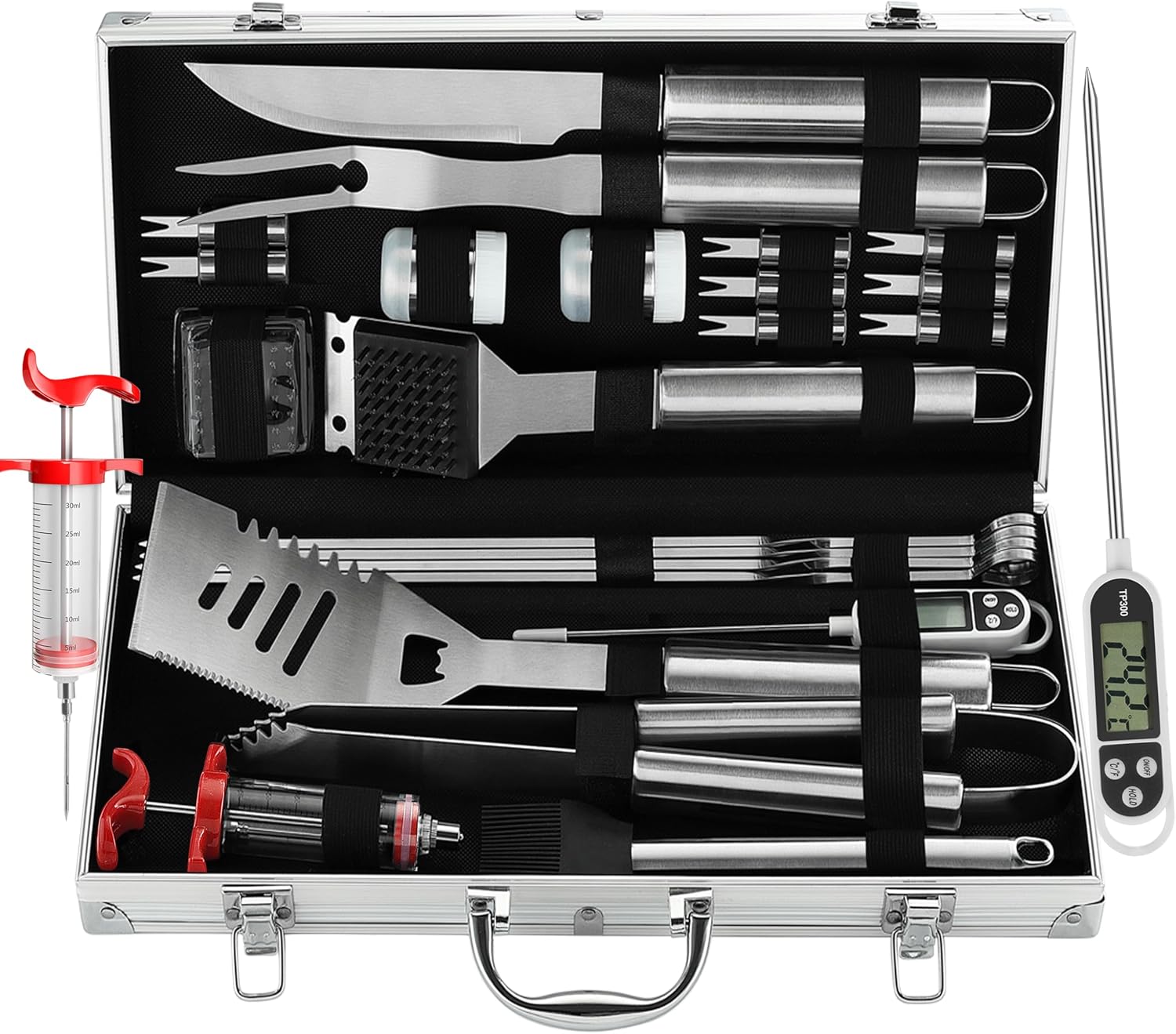 grilljoy 24PCS BBQ Grill Tools Set with Meat Thermometer and Injector - Extra Thick Stainless Steel Fork, Spatula & Tongs - Complete BBQ Accessories - Perfect Grill Gifts for Father's Day