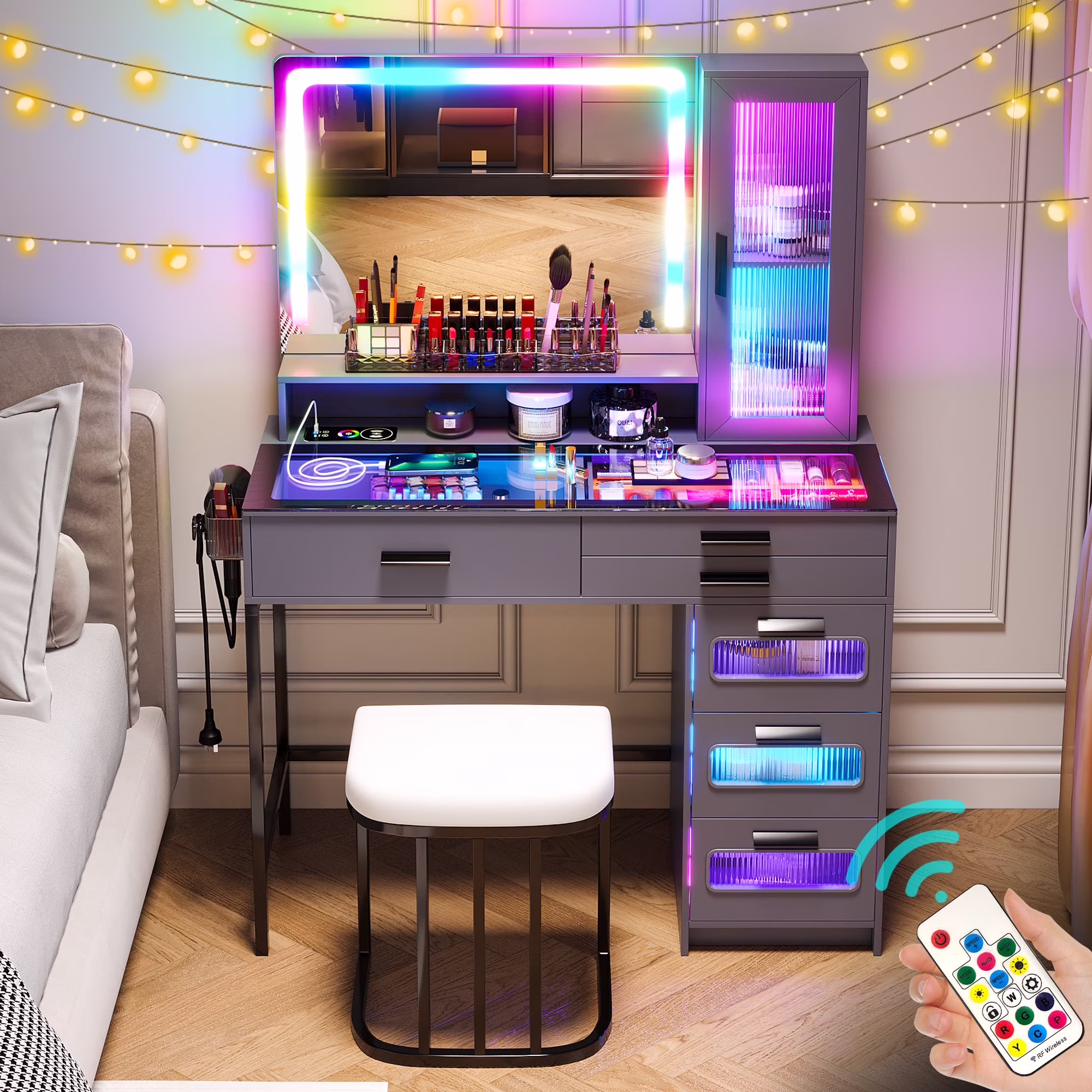 Vanity Desk with Mirror and RGB Lights, Glass Top Makeup Vanity with Auto Sensor Lights and Wireless Charging, Vanity Table Set with Cushion Stool, Dressing Table with 6 Drawers (White)(White) - Image 3