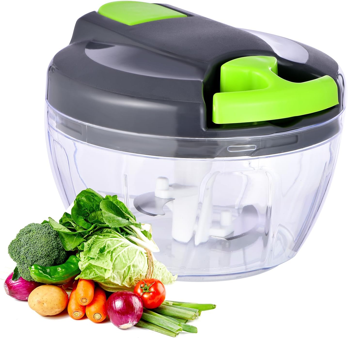 Manual Food Processor Vegetable Chopper, Portable Hand Pull String Garlic Mincer Onion Cutter for Veggies, Ginger, Fruits, Nuts, Herbs, etc., 500ml,（Gray-green）