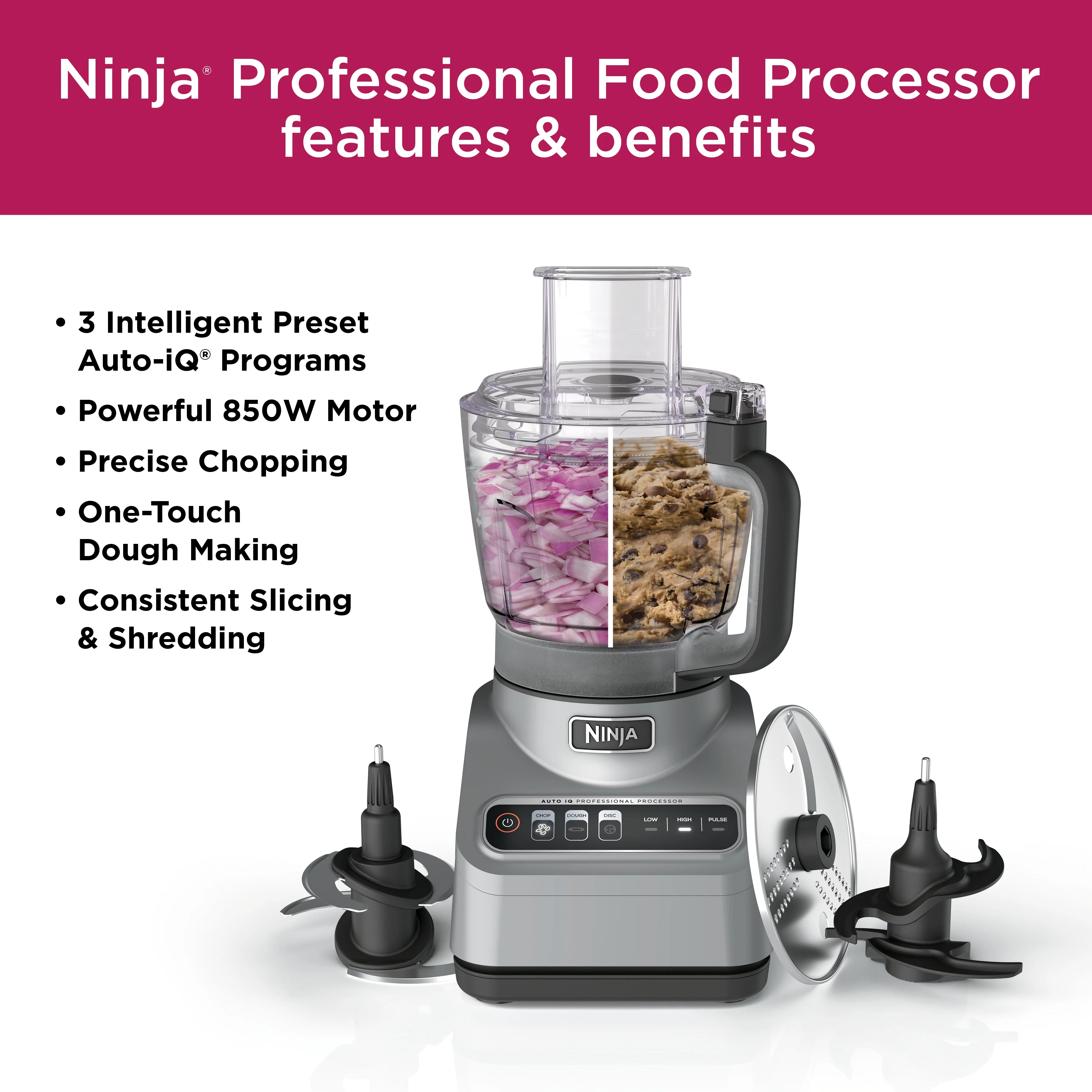 Professional 9 Cup Food Processor, 850 Watts, Auto-iQ 3 Presets, Chop, Dough, Slice, Shred, BN600 Silver(Gray) - Image 6