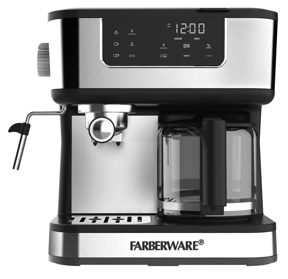 Farberware Dual Brew, 10 Cup Coffee + Espresso, Black and Stainless Finish, Touchscreen, Model fw54100112159
