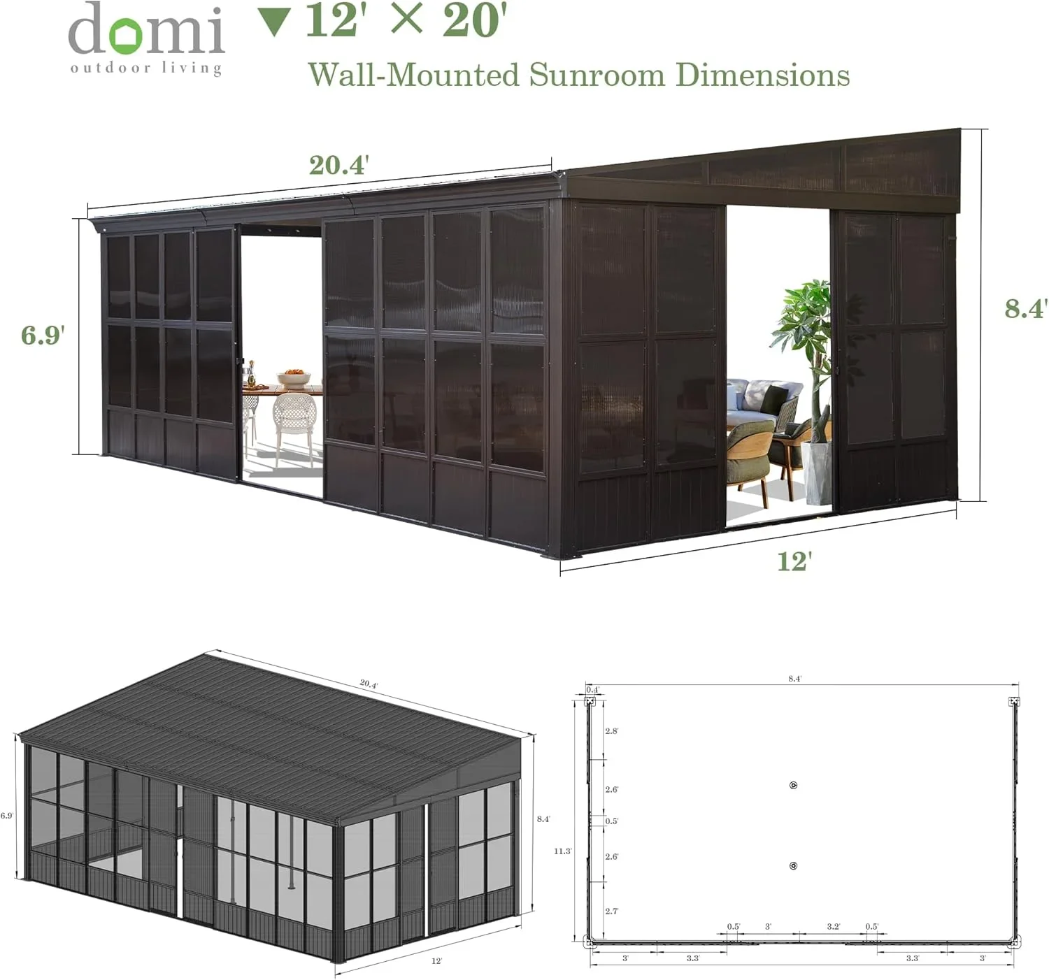 Domi Outdoor Living 10' x 12' Hardtop Lean-to Gazebo, Wall-Mounted with Galvanized Steel Roof Wall Pergola with Aluminum Frame, Curtains and Netting, for Patio, Deck, Garden, Backyard