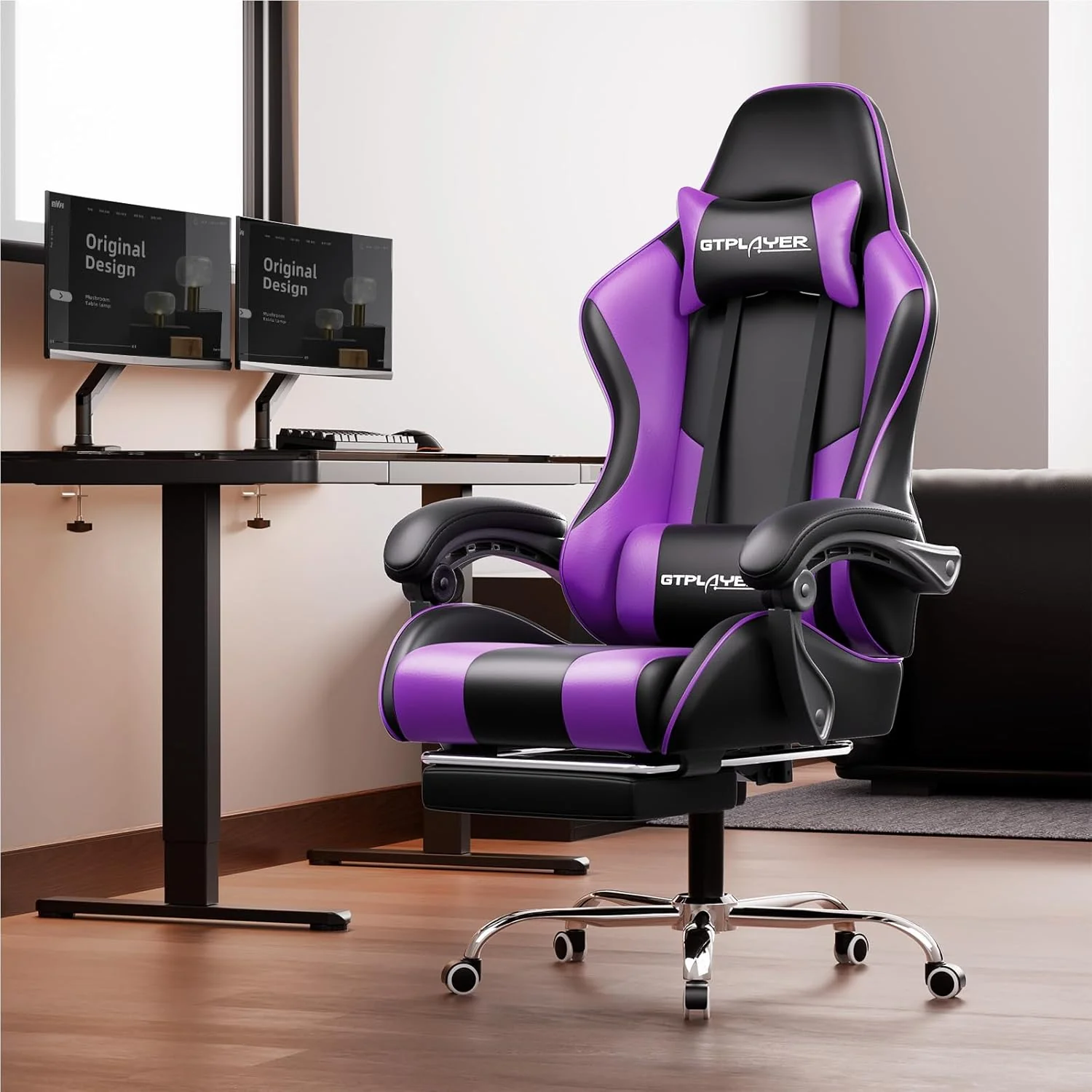 GTPLAYER Gaming Chair with Footrest and Lumbar Support  Ergonomic Computer Chair with Headrest, 360° Swivel, Height Adjustable, White