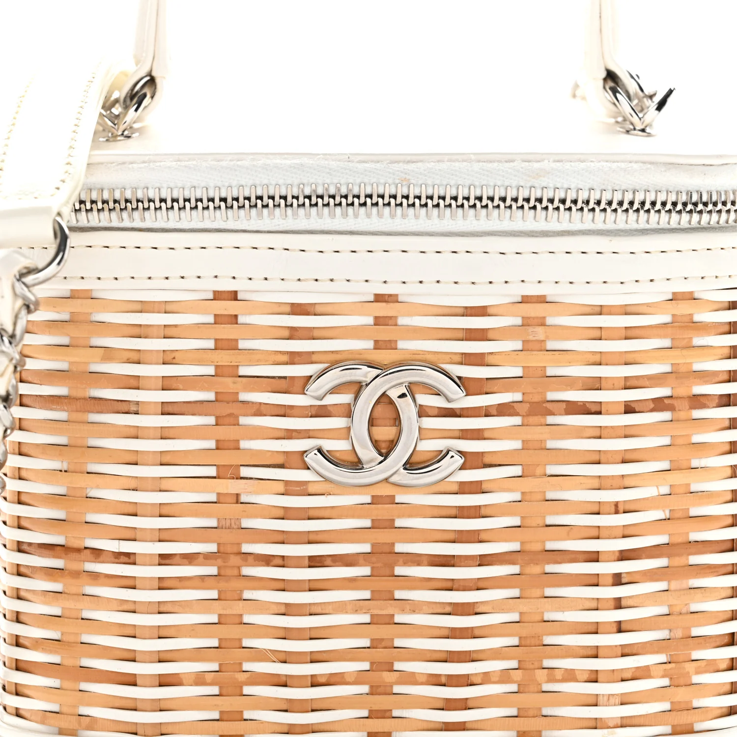Calfskin Raffia Small Vanity Case Bag White Beige