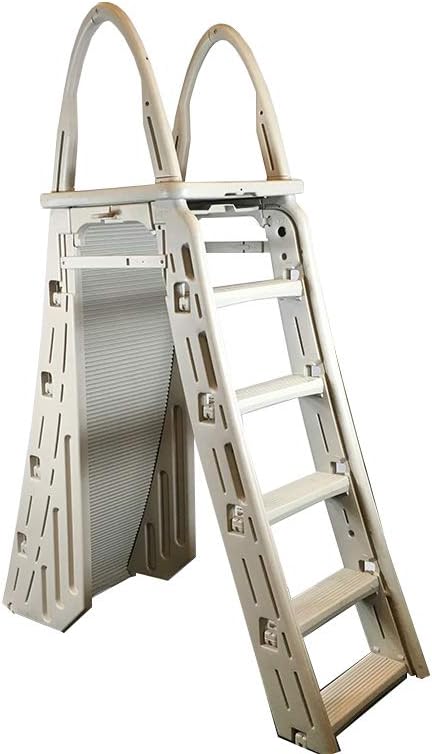 Confer Plastics 7200 Roll Guard 48" to 56" Adjustable A Frame Safety Ladder For Above Ground Outdoor Patio Swimming Pool Platform Ladder with Step Barrier, Warm Grey