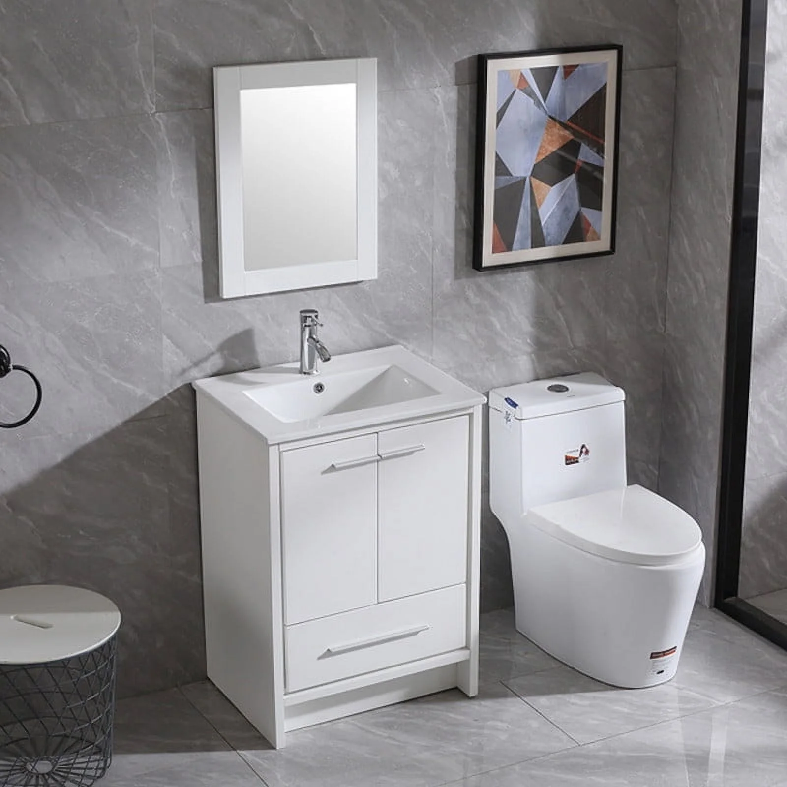 24" Luxurious Bathroom Vanity with Ceramic Sink and Countertop and Mirror and Faucet,Double Door Stand Floor Cabinet Bathroom Storage Vanity with Pop Up Drain,White(2 Doors1 Drawers) - Image 5