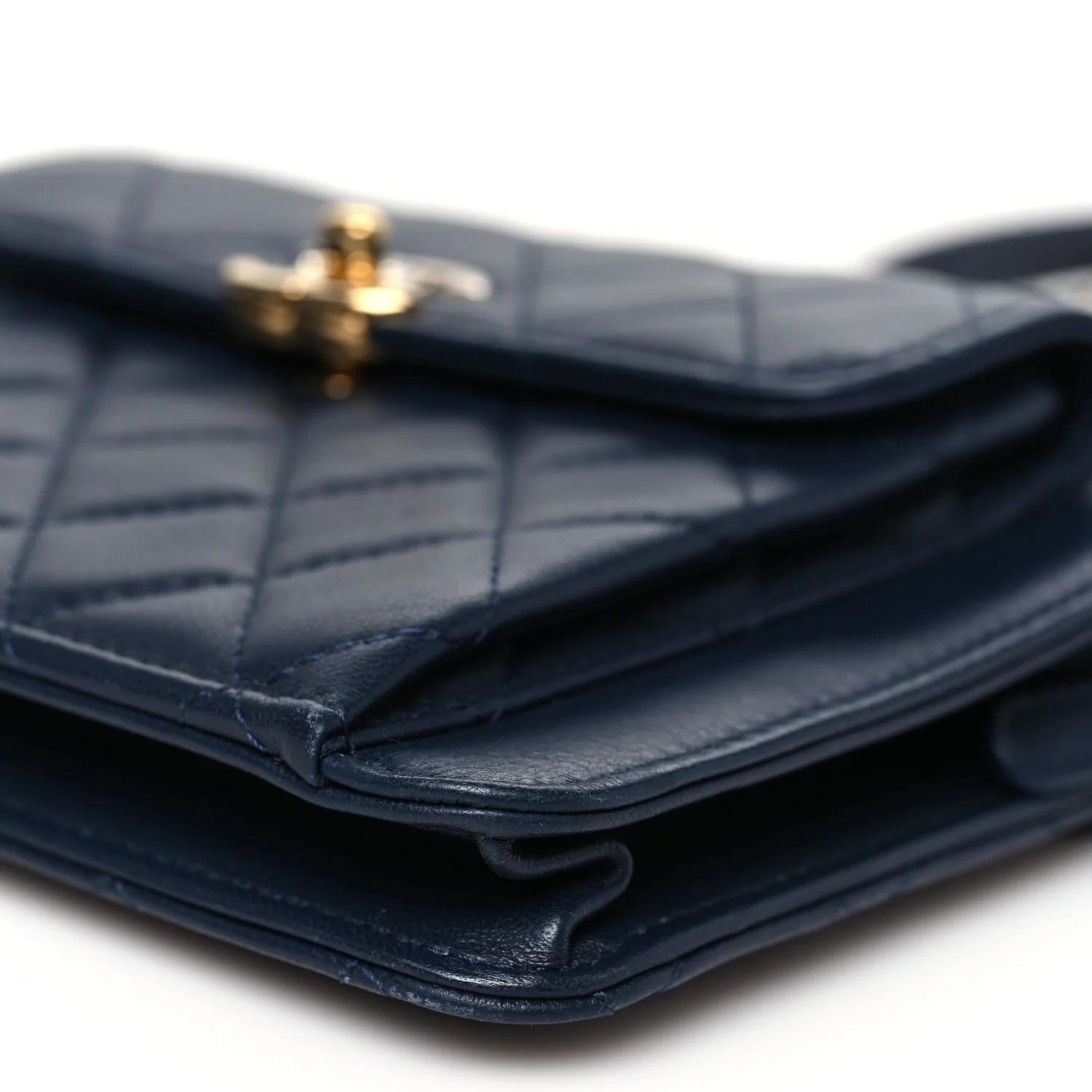 Lambskin Quilted Square Front Pocket Clutch With Chain Navy Blue