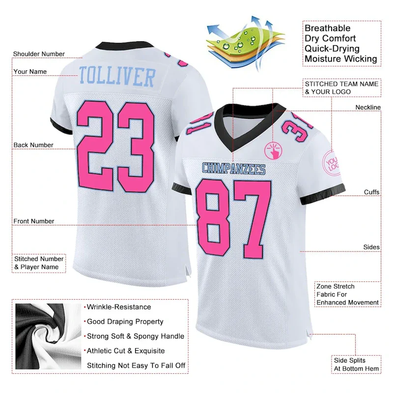 Custom White Pink Black-Light Blue Mesh Authentic rugby jersey