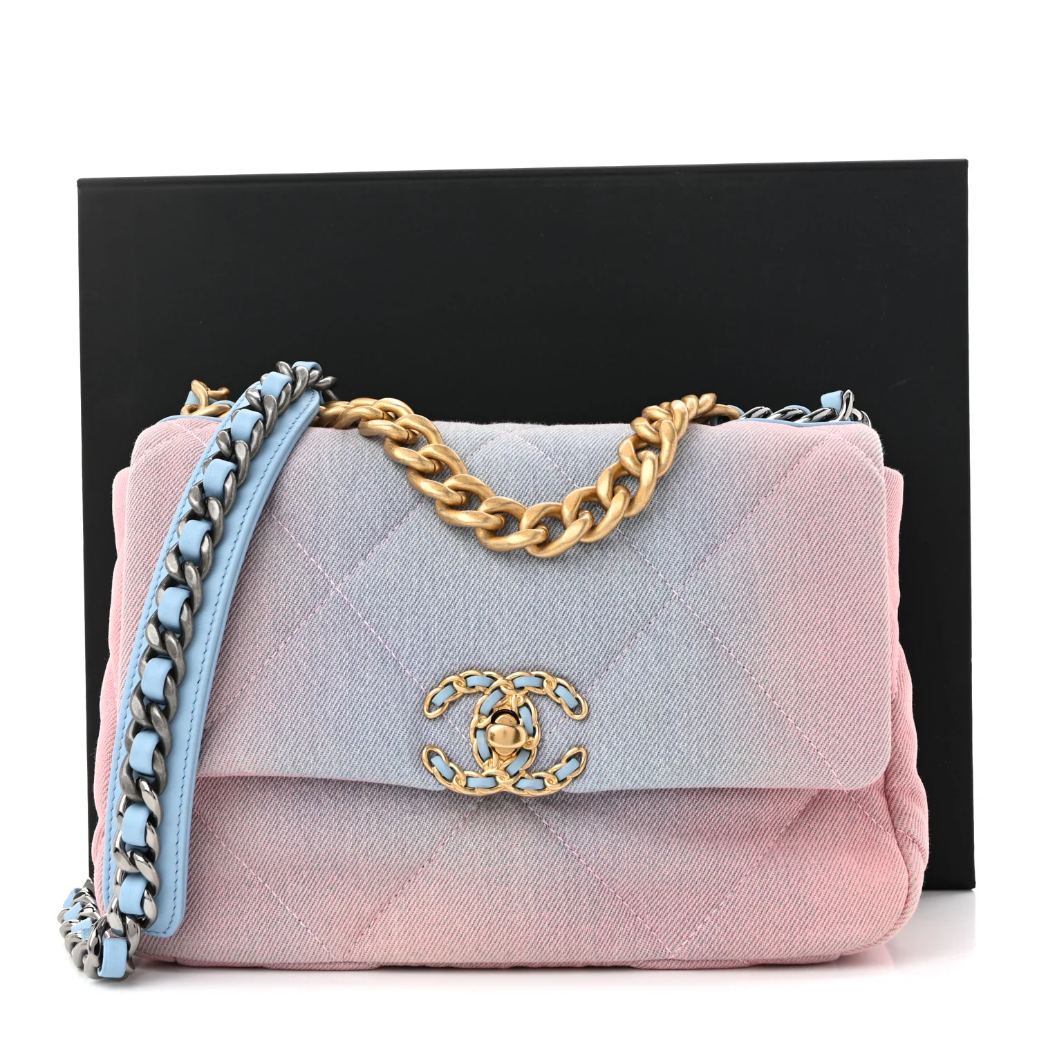 Denim Quilted Medium Chanel 19 Flap Blue Pink