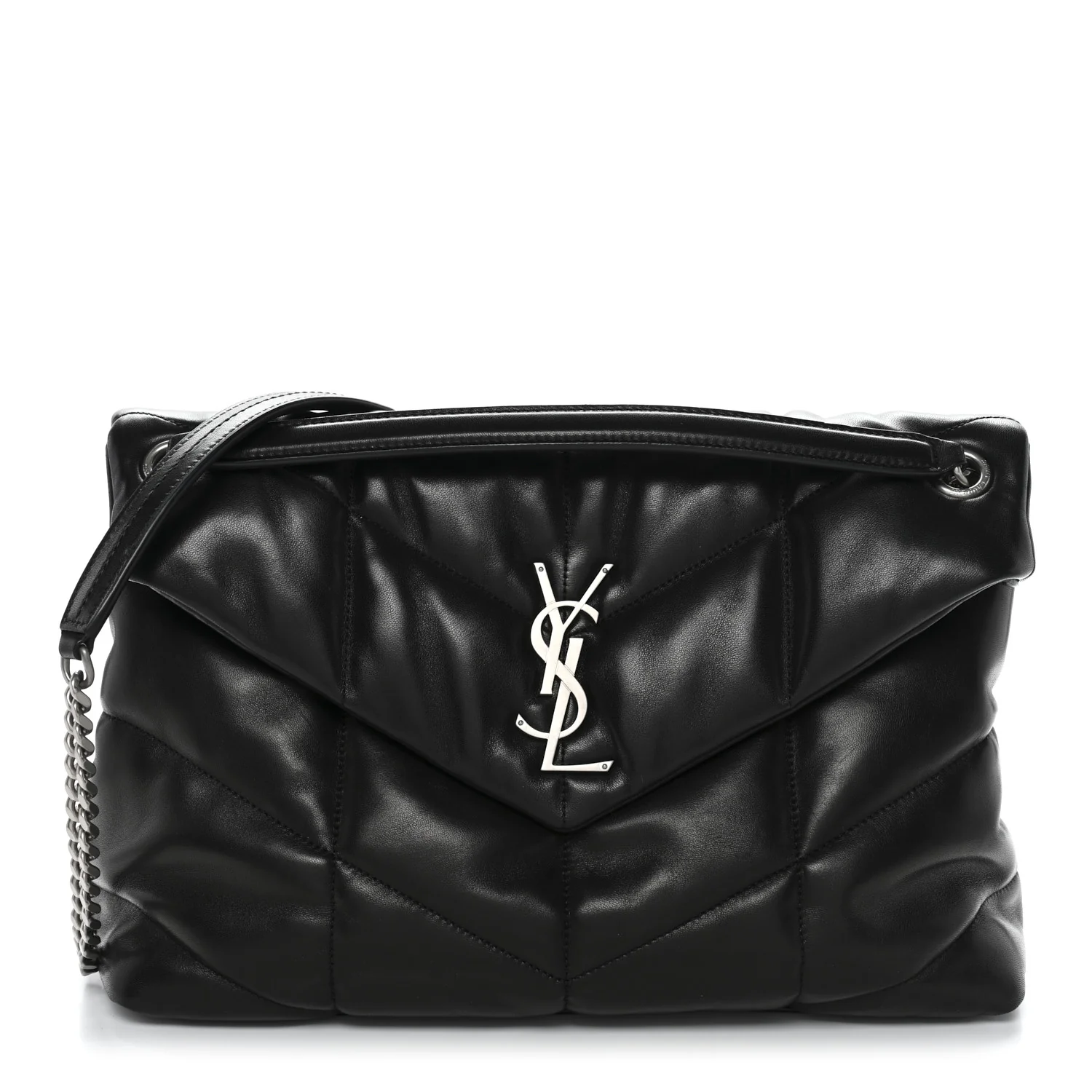 Lambskin Quilted Medium Loulou Puffer Monogram Chain Satchel Black