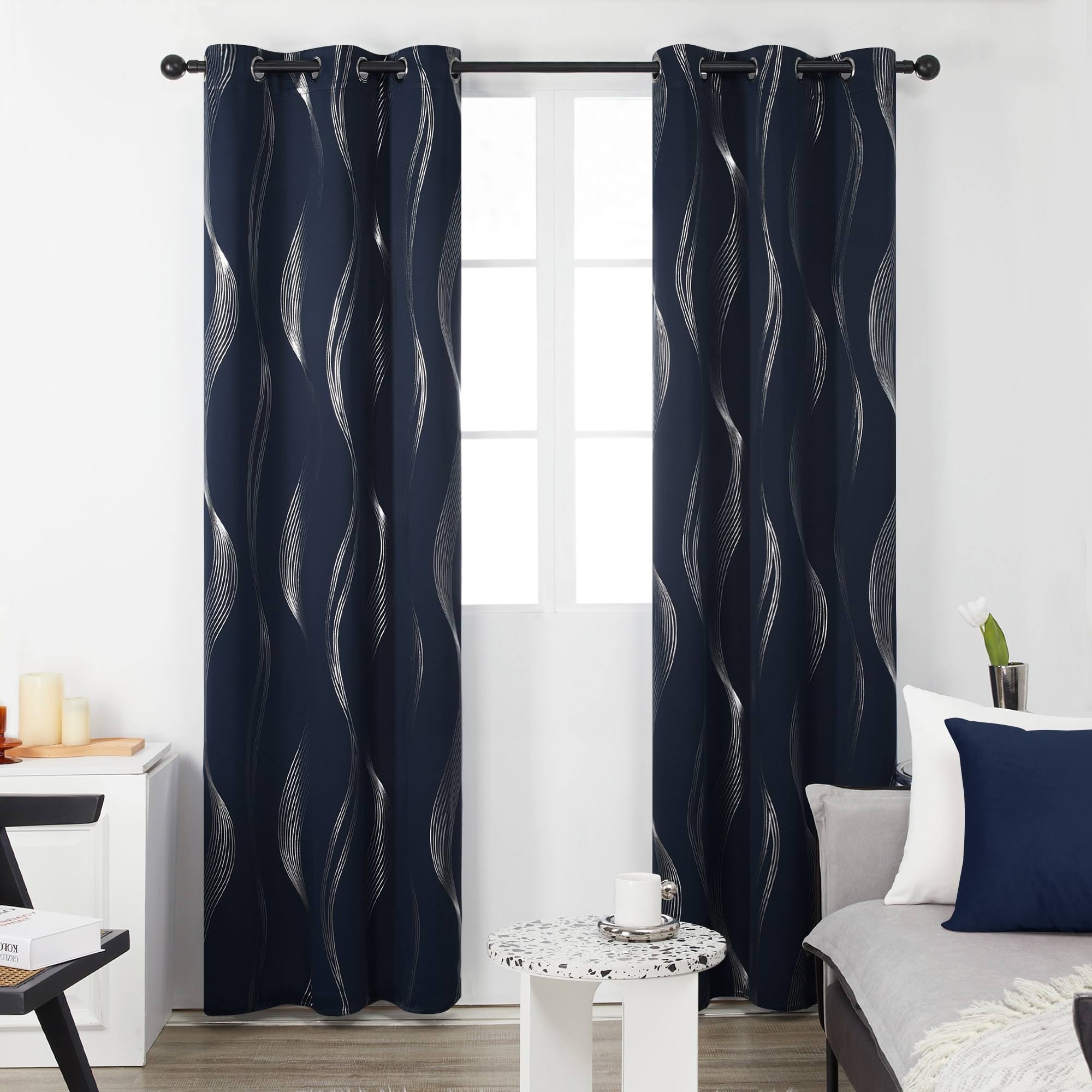 Deconovo Thermal Insulated Blackout Curtains, Silver Wave Foil Printed Grommet Window Curtain for Bedroom (42 x 45 inch, Navy Blue, 2 Panels)