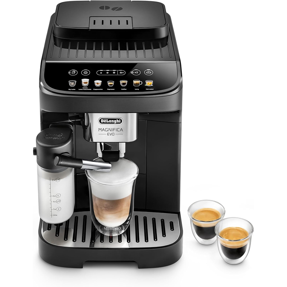 Machine à café entièrement automatique De'Longhi Magnifica Evo ECAM 292.81.B avec système de lait LatteCrema, 7 touches de sélection directe pour cappuccino, expresso et autres spécialités de café, fonction 2 tasses