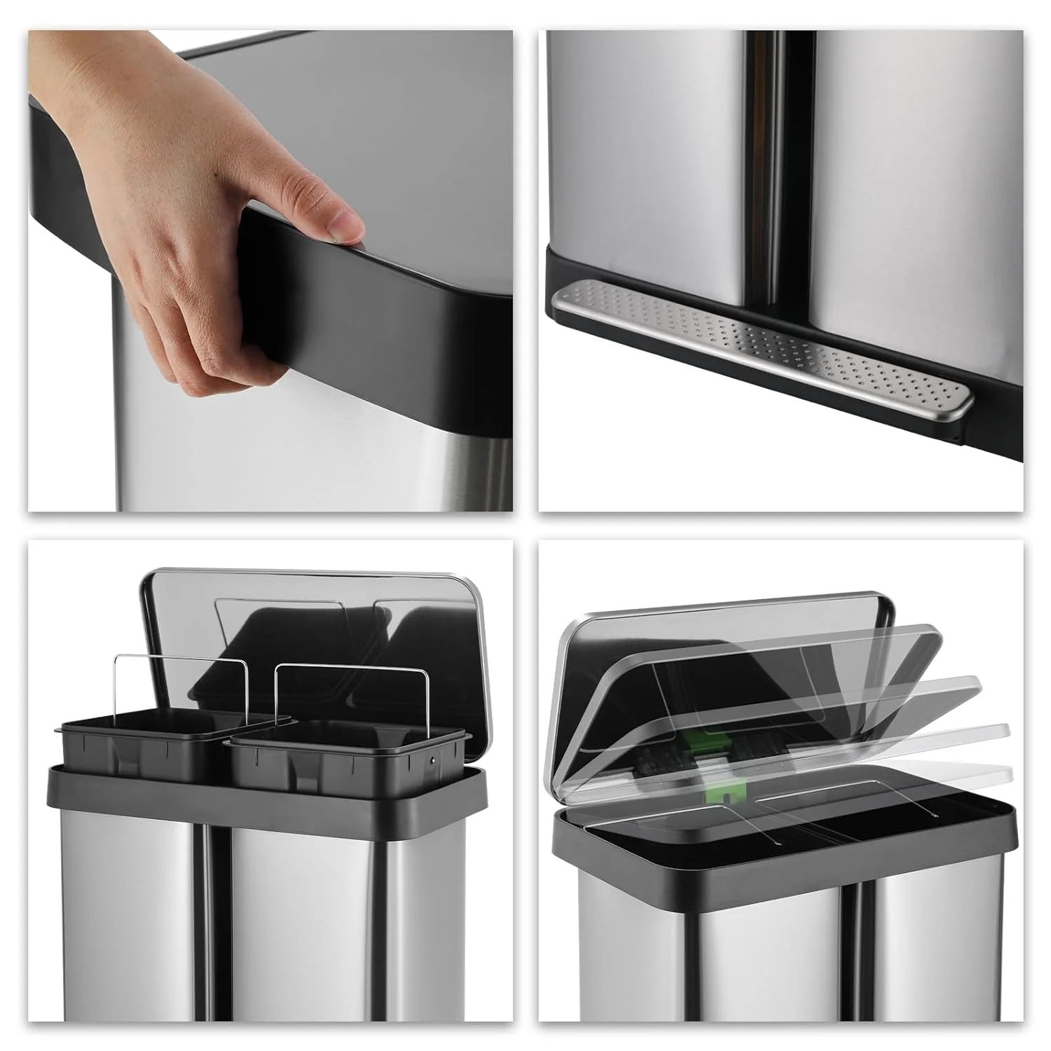 16 Gallon / 60L Dual Trash Can, Stainless Steel Kitchen Garbage Can with Soft-Close Lid, Home Office Classified Recycle Bin(Silver) - Image 5