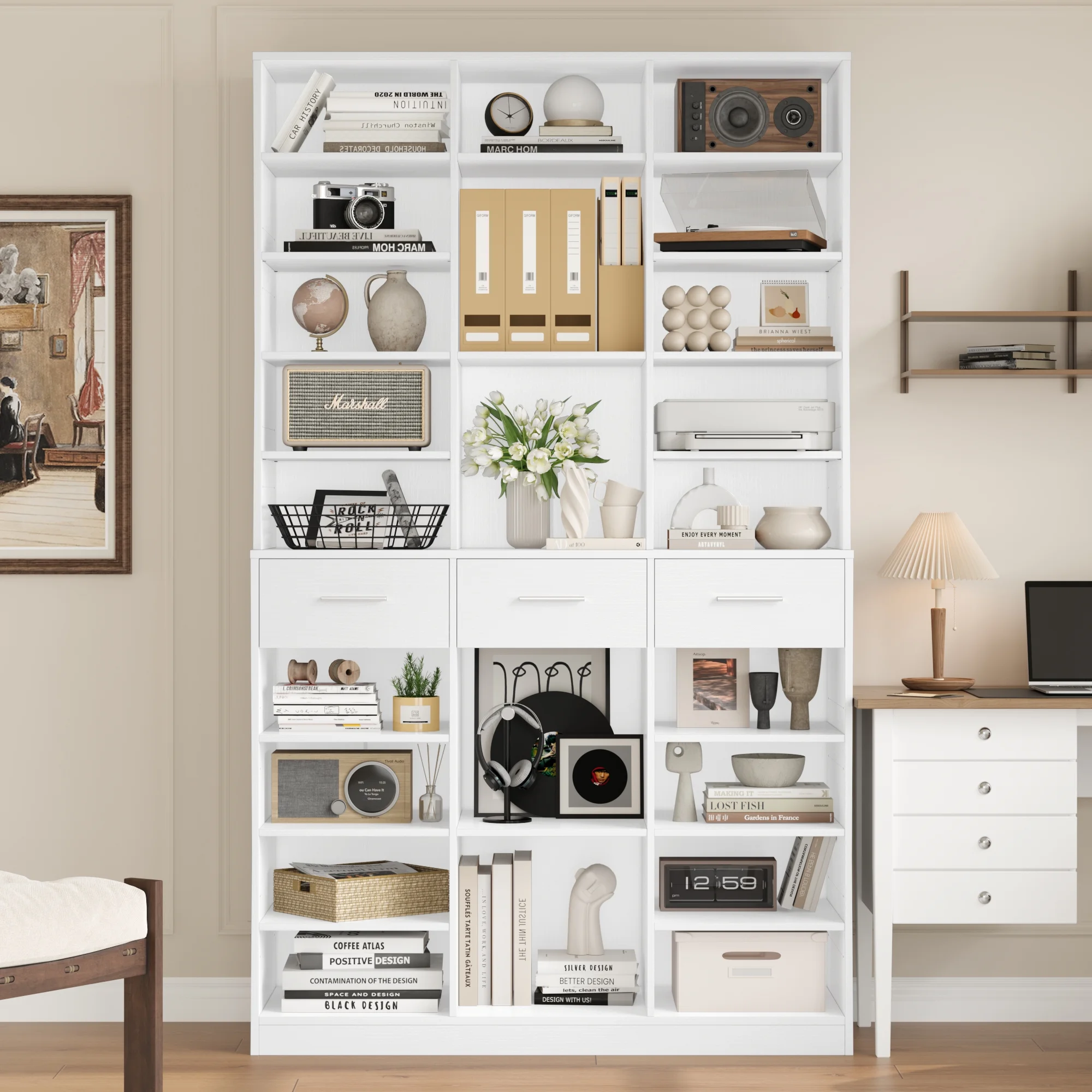 Homfa 75 - Inch Bookshelf and Bookcase with 3 Drawers, Wooden Storage Book Shelf with Adjustable Shelves for Living Room, Home Office, White