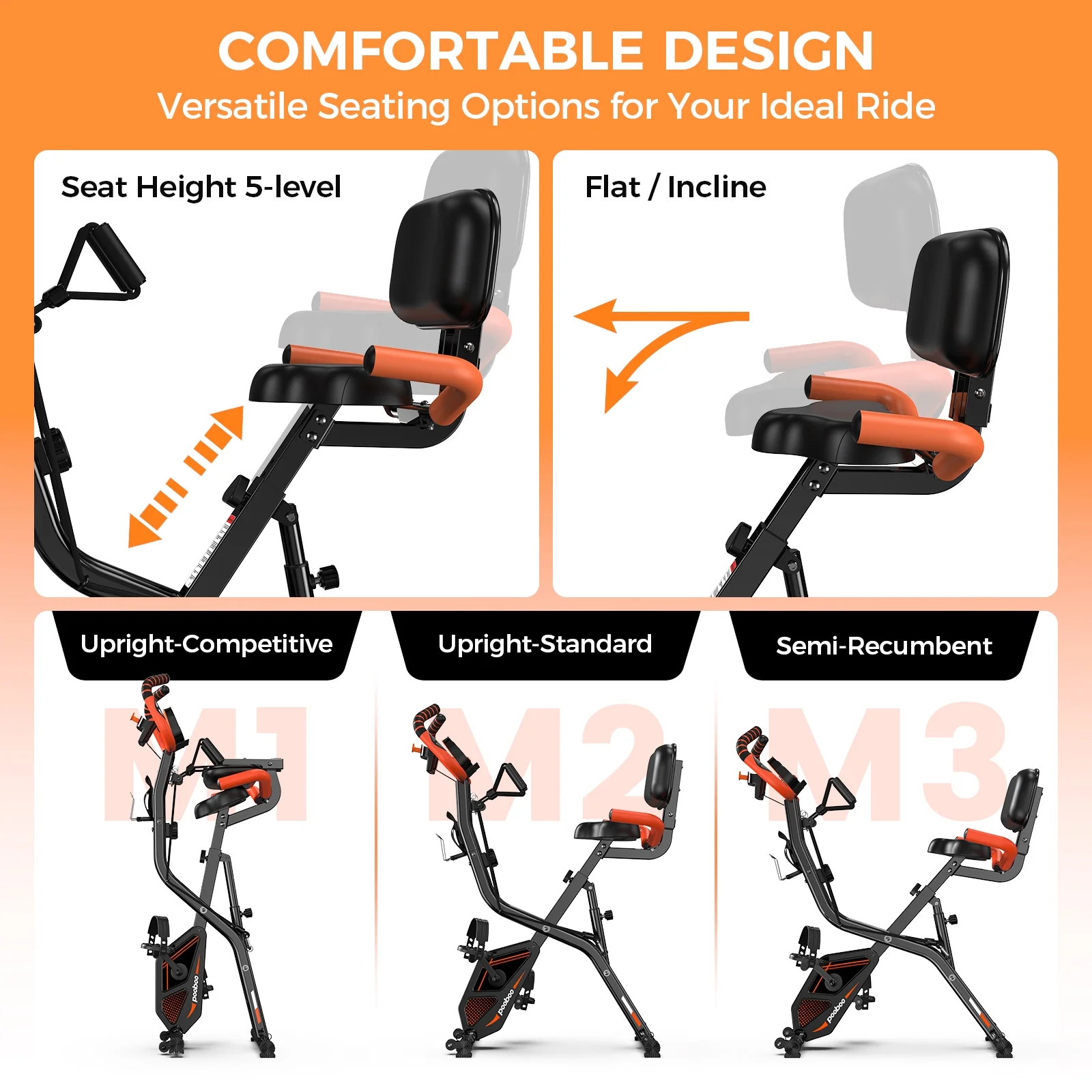 4-in-1 Exercise Bike, Foldable Stationary Bike, Tri-Position Indoor Cycling Bike with 8-Level Resistance, Arm Resistance Bands, Pulse Sensor Back Support Cushion for Home Gym Workout - Image 2
