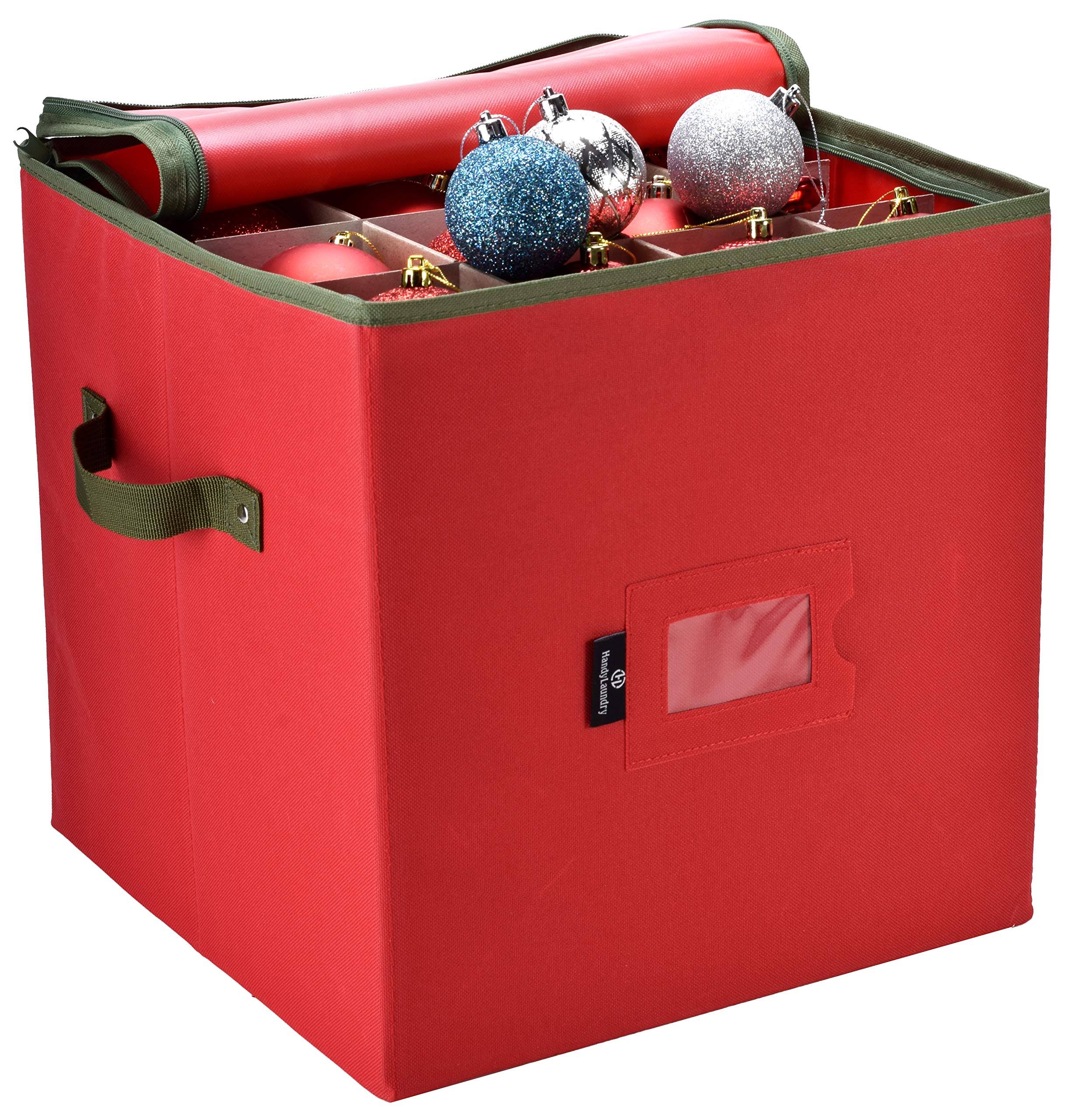 Christmas Ornament Storage - Stores Up to 64 Holiday Ornaments, Adjustable Dividers, Zippered Closure with Two Handles. Attractive Storage Box Keeps
