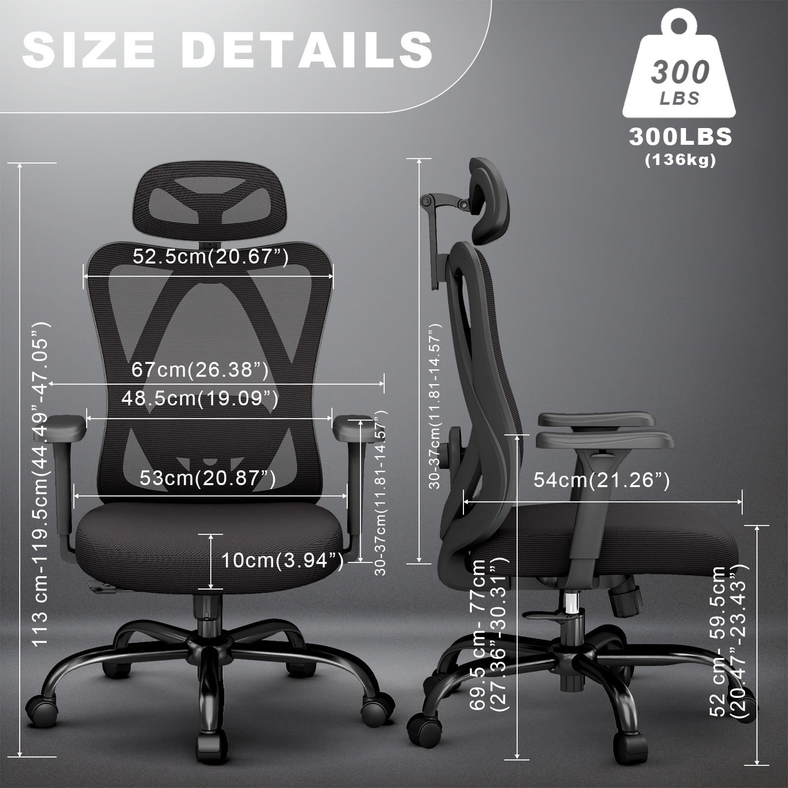 Ergonomic Mesh Office Chair with Adjustable Headrest, Lumbar Support, and 3D Armrests Highback Swivel Task Chair Home(Black)