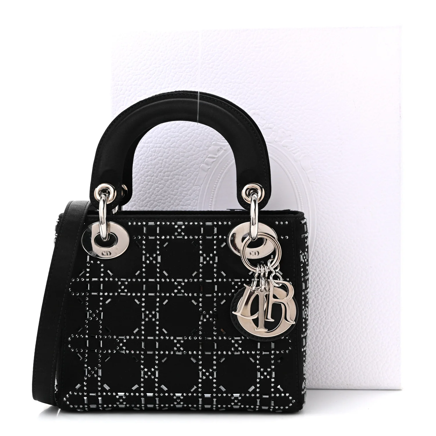 Satin Crystal Cannage Mini Lady Dior Black
