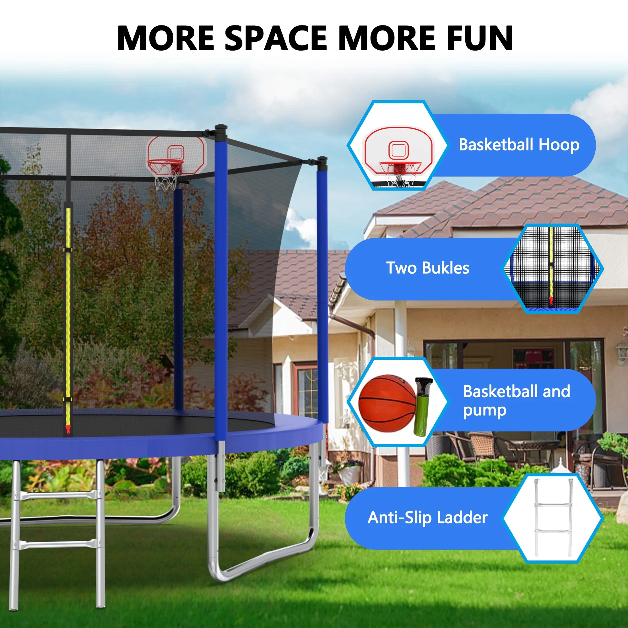 8FT Trampoline for Kids,Outdoor Trampoline with Basketball Hoop,Heavy Duty Trampoline with Safety Enclosure Net,Blue(Blue) Image 5