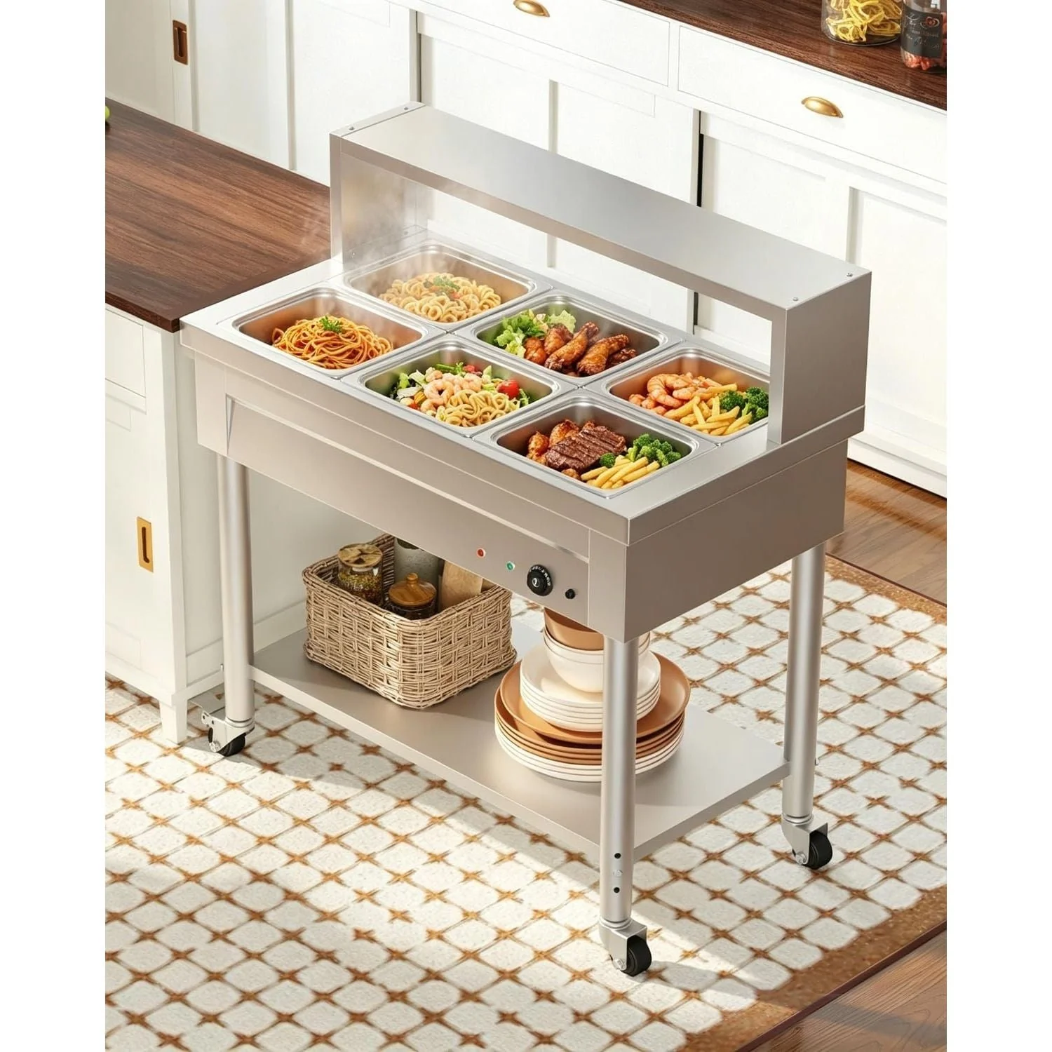 AECOJOY Commercial Food Warmer 1500W Electric Steam Table with 6x10QT Pans & Shelf