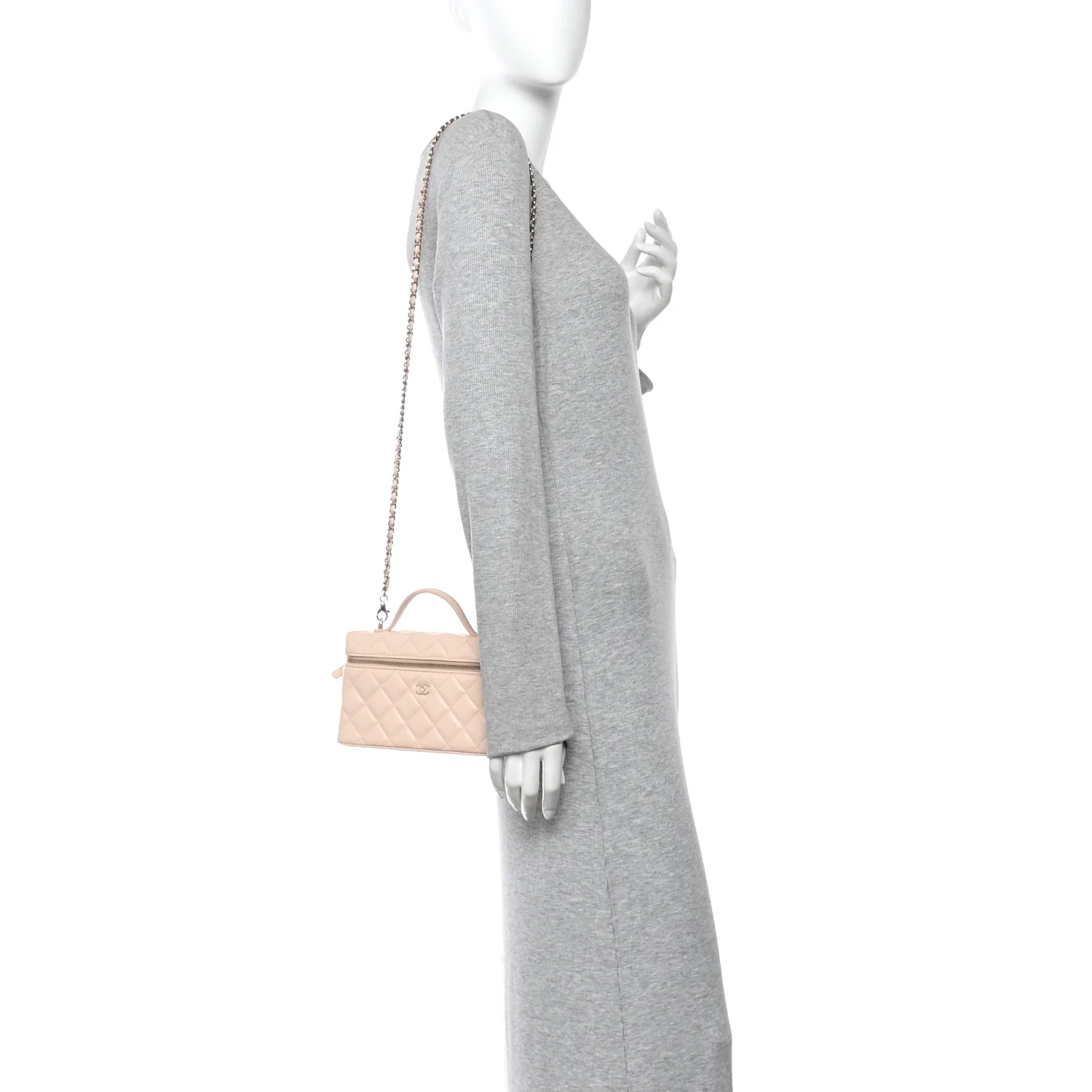 Caviar Quilted Top Handle Slim Vanity With Chain Beige