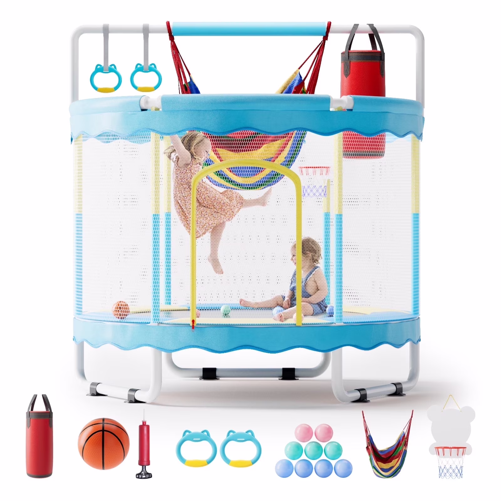 60" Toddler Trampoline Mini Trampoline for Kids with Enclosure Net 5FT Mini Trampoline with Swing Sandbag Basketball Hoop for Kids, Boys Girls,440Lbs Pink(Pink) - Image 3