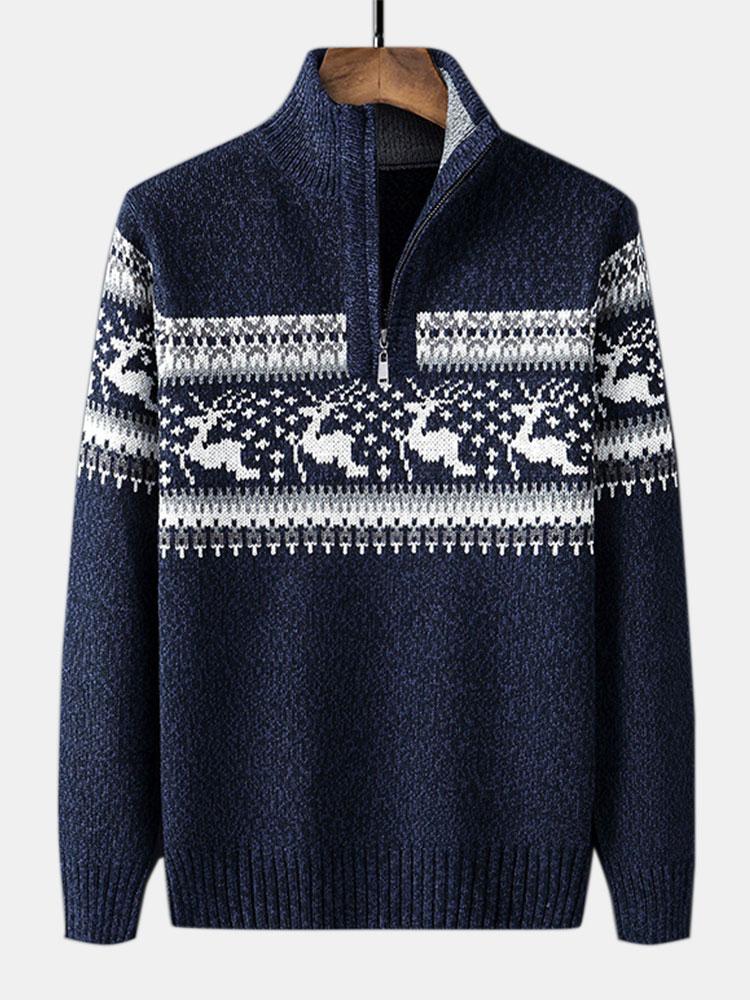 Pull de Noël à imprimé orignal et demi-zip