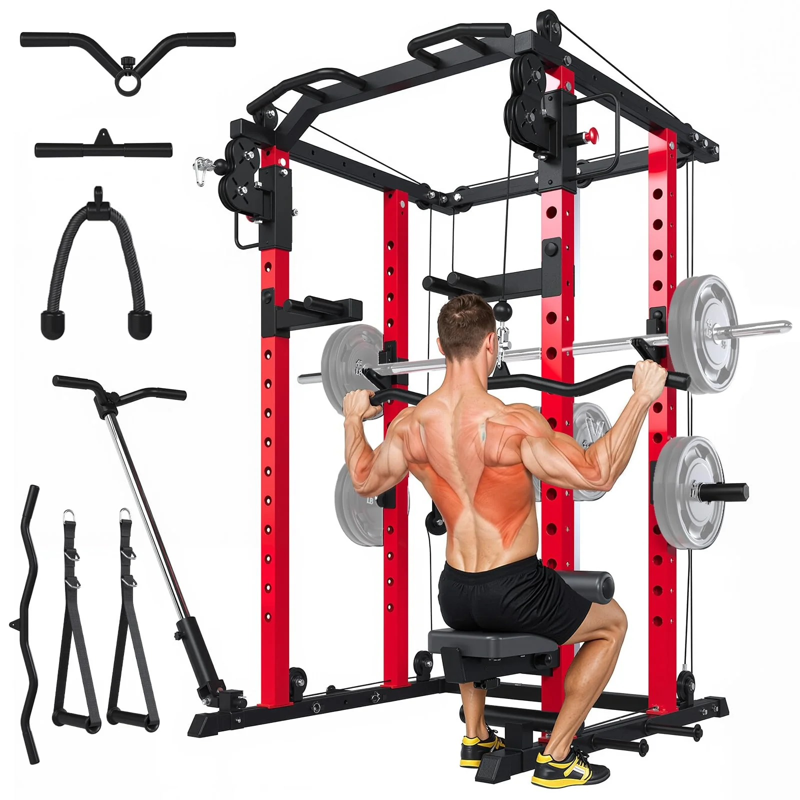 AECOJOY Power Cage Squat Rack with Optional LAT Pulldown, 2000lbs Weight Cable Machine with Pulley Workout System for Home Gym