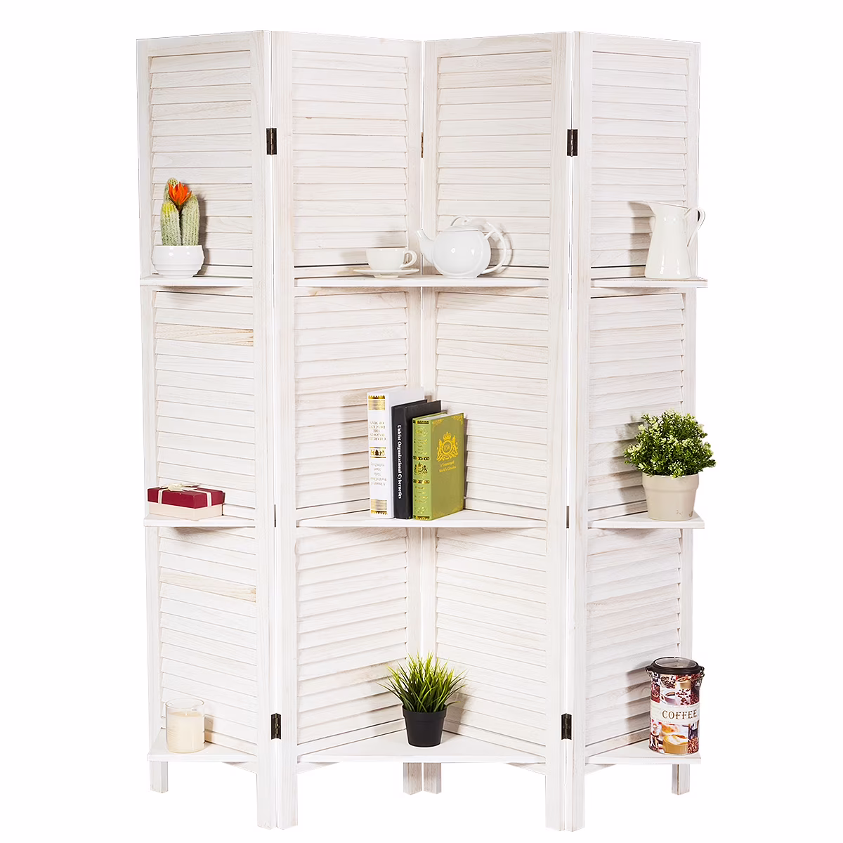 4 Panel Folding Room Divider Screen W/3 Display Shelves 5.6 Ft Tall(White)