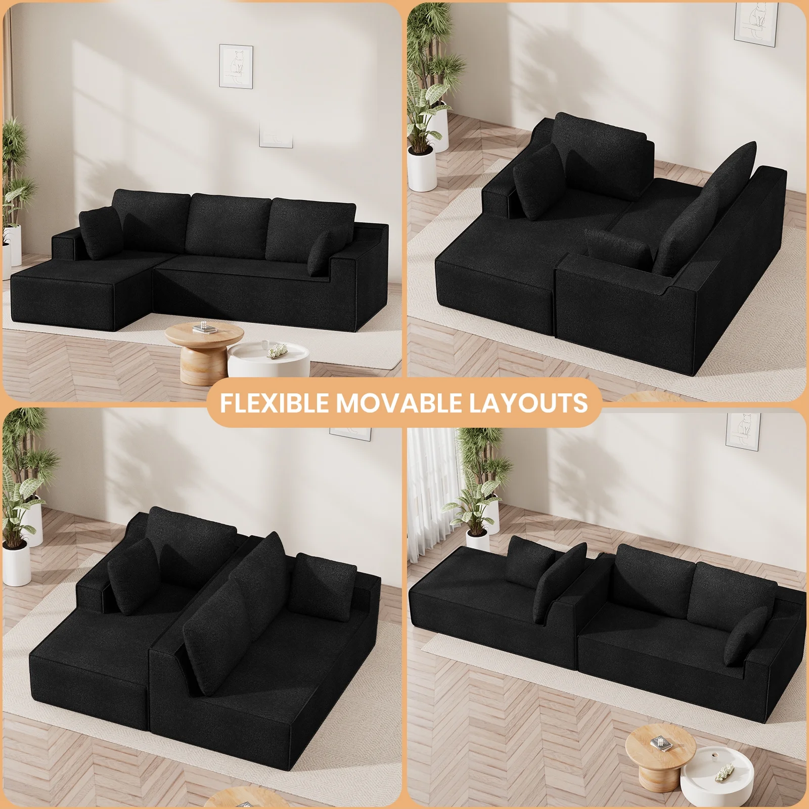 Modular Sectional Sofa for Living Room, 104" L-Shape Boneless Cloud Couch with Oversized Chaise, Right Chaise, Black, 3 Seat, Microfiber Fabric(Black-Microfiber) - Image 8