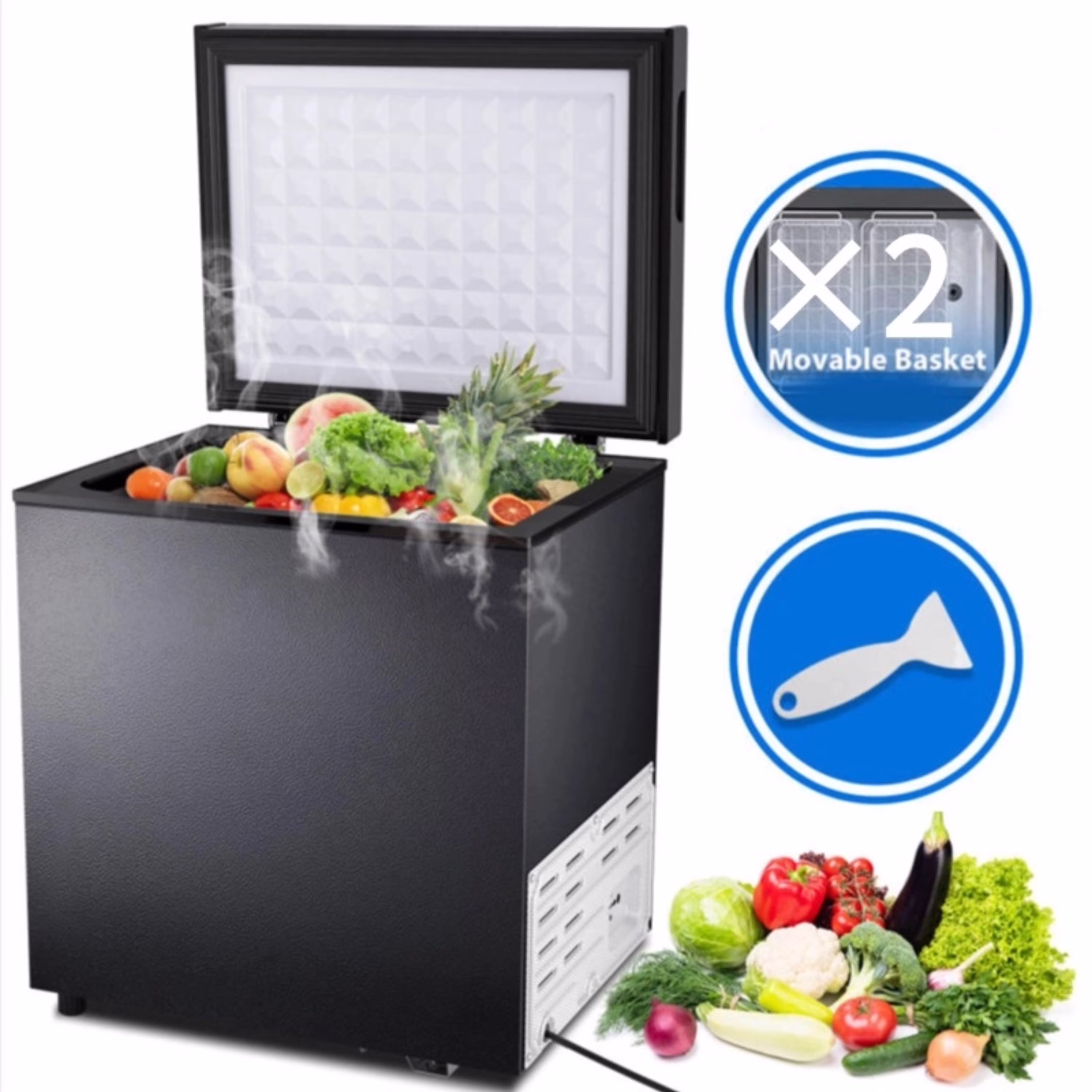 2.5 cu. ft. Chest Freezer with 2 baskets Free Standing Top open Door Deep Compact Freezer Suitable for Home/RV/Kitchen/Office-Black(2.5 cu ft)