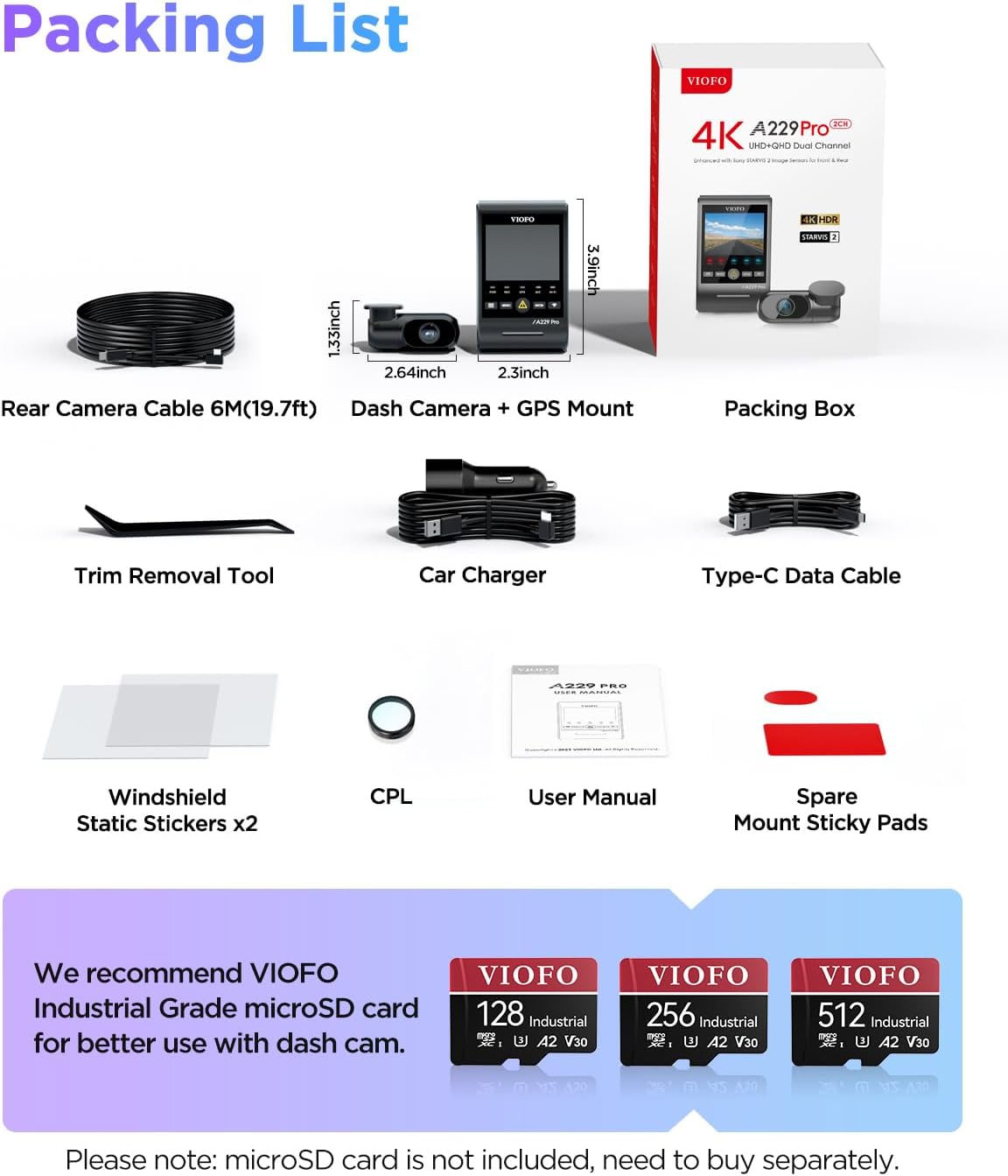 VIOFO A229 Pro 4K HDR Dash Cam  Dual STARVIS 2 IMX678 IMX675  4K+2K Front and Rear Car Camera  2 Channel with HDR  Voice Control  5GHz WiFi GPS  Night Vision 2.0  24H Parking Mode