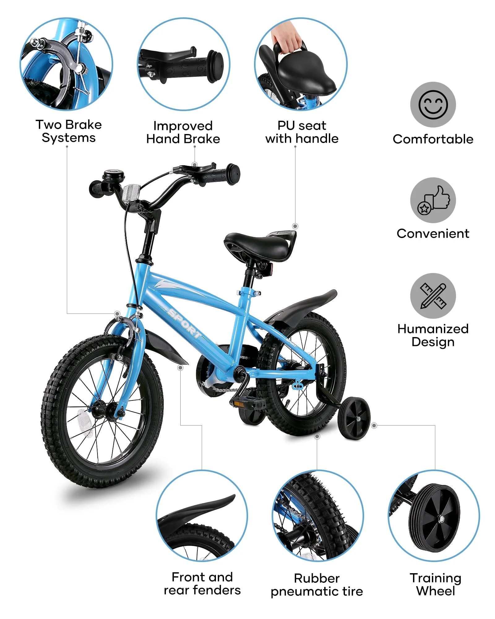 14" Kids Bike Girls and Boys Blue Bike for Age 3-6 Years Old - Image 6